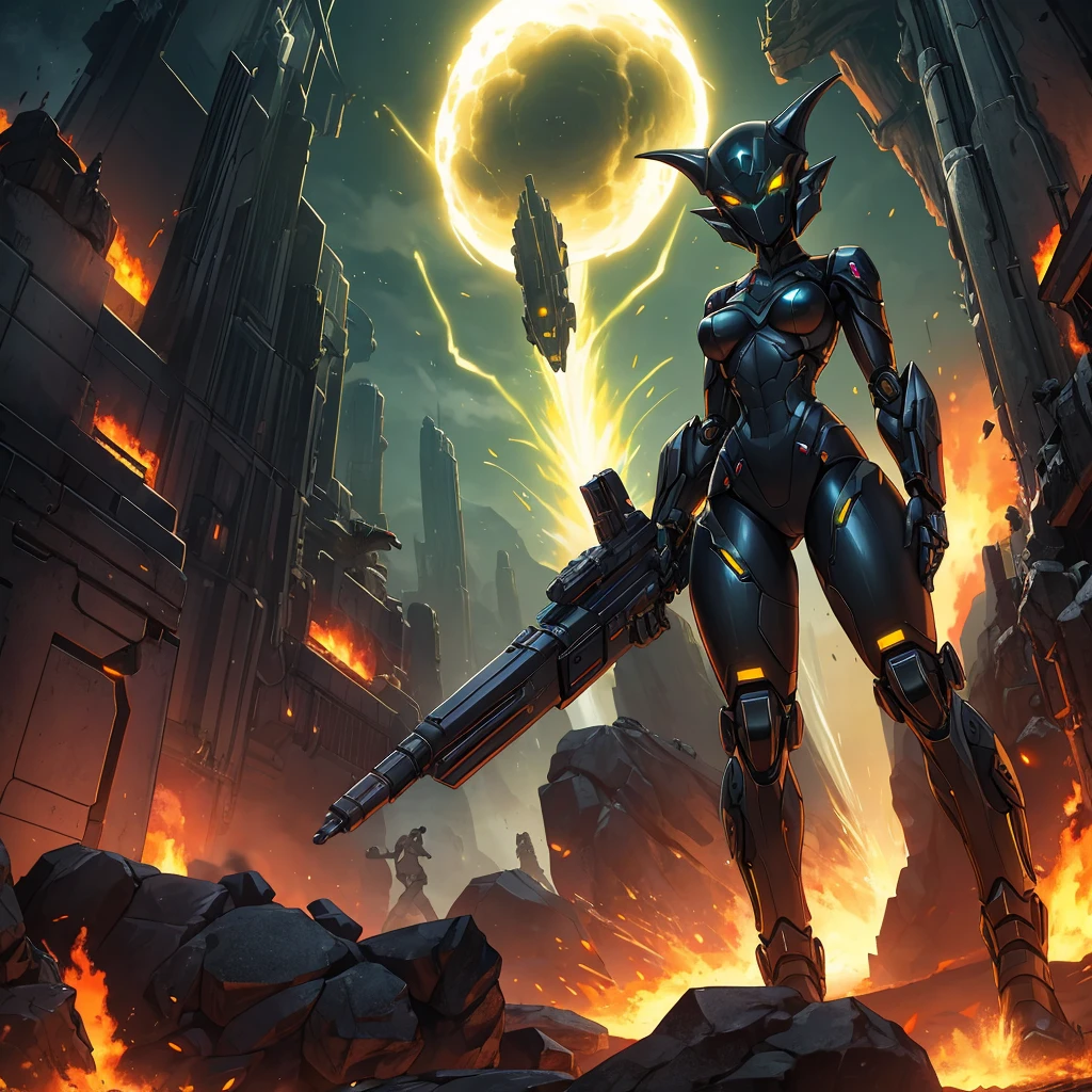 Solo, female, green black , furry, anthro, kobold, android, metallic, robotic, shiny, no clothes, small breasts, thin body, curved thighs, standing, battlefield, holding blaster gun, demonic, glowing eyes, explosions, fires, debri, science fiction, scifi, high quality, mastpiece, war, fighting,
