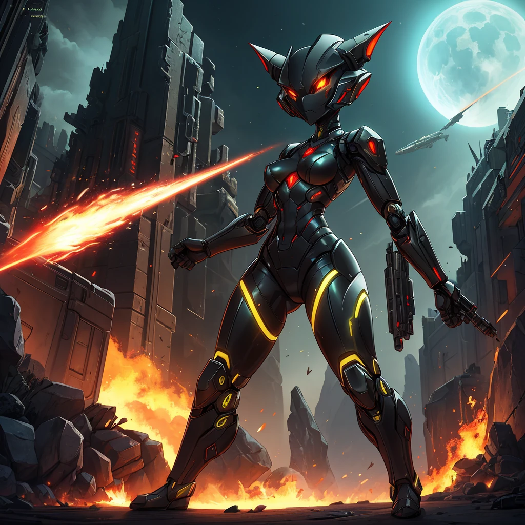 Solo, female, green black , furry, anthro, kobold, android, metallic, robotic, shiny, no clothes, small breasts, thin body, curved thighs, standing, battlefield, holding blaster gun, demonic, glowing eyes, explosions, fires, debri, science fiction, scifi, high quality, mastpiece, war, fighting,