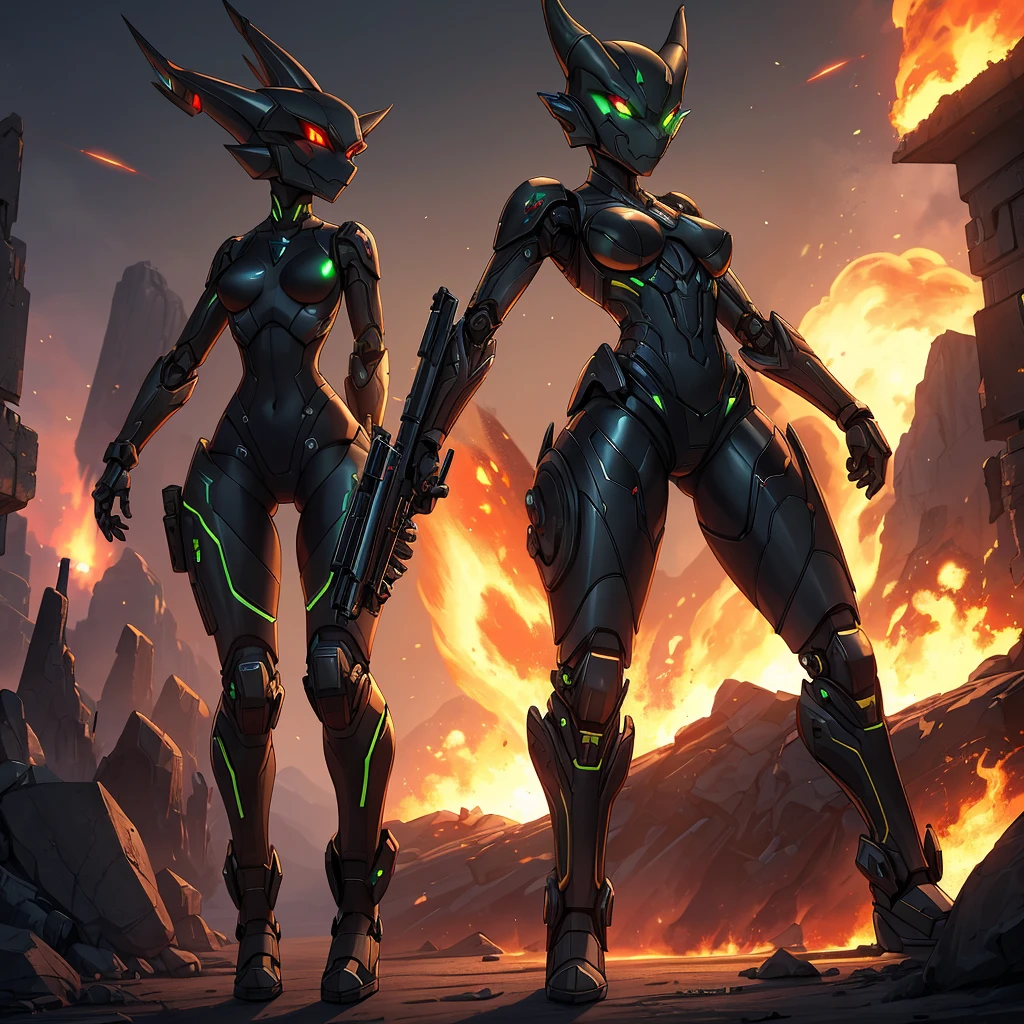 Solo, female, green black , furry, anthro, kobold, android, metallic, robotic, shiny, no clothes, small breasts, thin body, curved thighs, standing, battlefield, holding blaster gun, demonic, glowing eyes, explosions, fires, debri, science fiction, scifi, high quality, mastpiece, war, fighting,