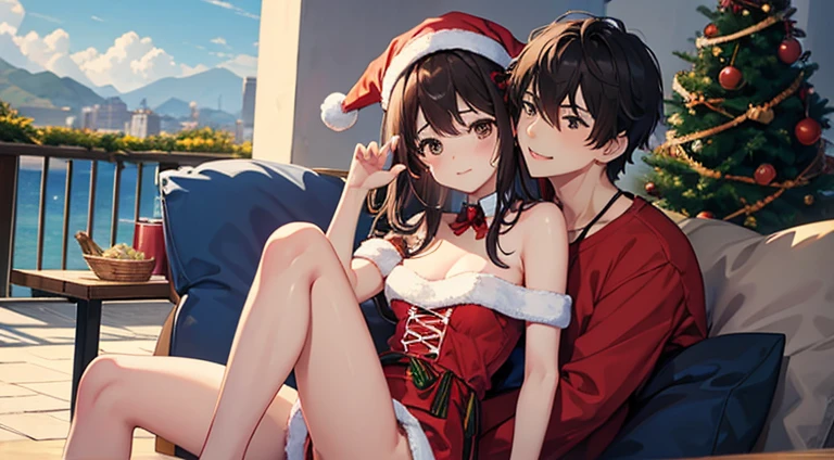 1womanl、1male people、Brown hair、Brown eyes、Best Quality、ultra-detailliert、8 Resolution、Raw photo、masutepiece、Perfect body、high-level image quality、top-quality、Detailed drawing、Vibrant colors、18year old、cute little、up of face、Christmas、Girl dressed as Santa Claus、seductive boobs、Male and female couples、girl sitting on a boy's lap。Girl straddling a boy。Mash Cut Boys。 Boy's provocative gaze、The girl has a shy look、 Blushing, embracing each other、 Lovey-dovey 、Flirting、Kiss between man and woman