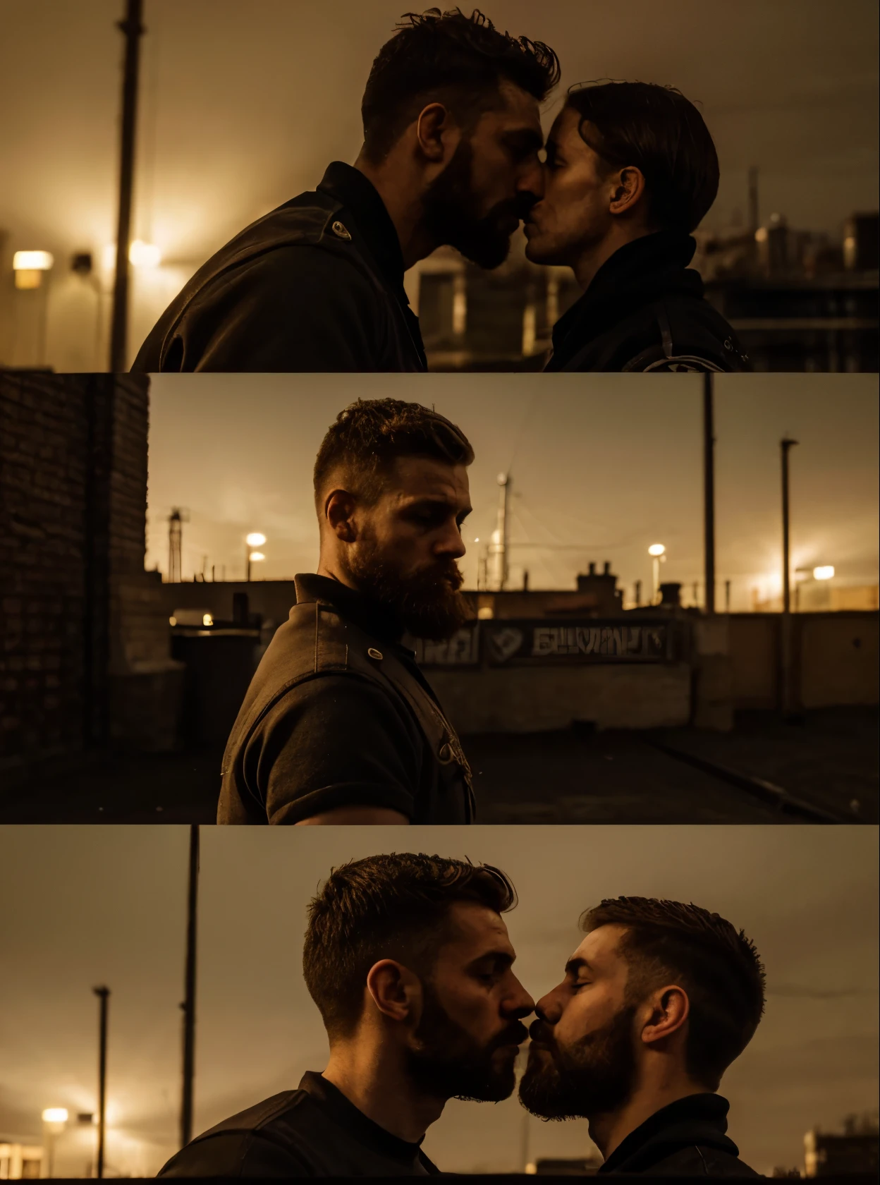 forbidden love, masterpiece, best quality, 2boys, beards, chavs, rough, dirty, Mancunian, mean, bullies, druggies, skinheads, in the neighbourhood, , soft kiss , realistic, dramatic lighting, atmospheric, intricate detail,