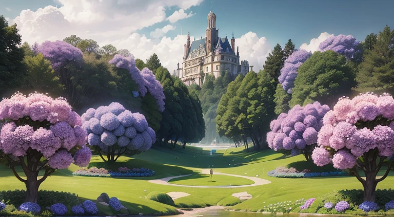 Hydrangeas, park, lake, small hill, pebble path, wallpaper, Art Deco, high detail, Cubist Futurism, Surrealism, modern, Gothic art, atmospheric perspective, panorama, perspective, diffraction spikes, masterpiece, best quality, anatomically correct, high details, 8K
