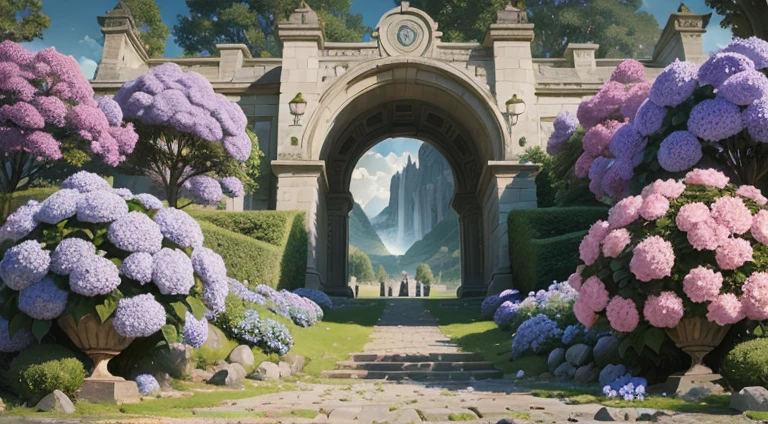 Hydrangeas, park, lake, small hill, pebble path, wallpaper, Art Deco, high detail, Cubist Futurism, Surrealism, modern, Gothic art, atmospheric perspective, panorama, perspective, diffraction spikes, masterpiece, best quality, anatomically correct, high details, 8K