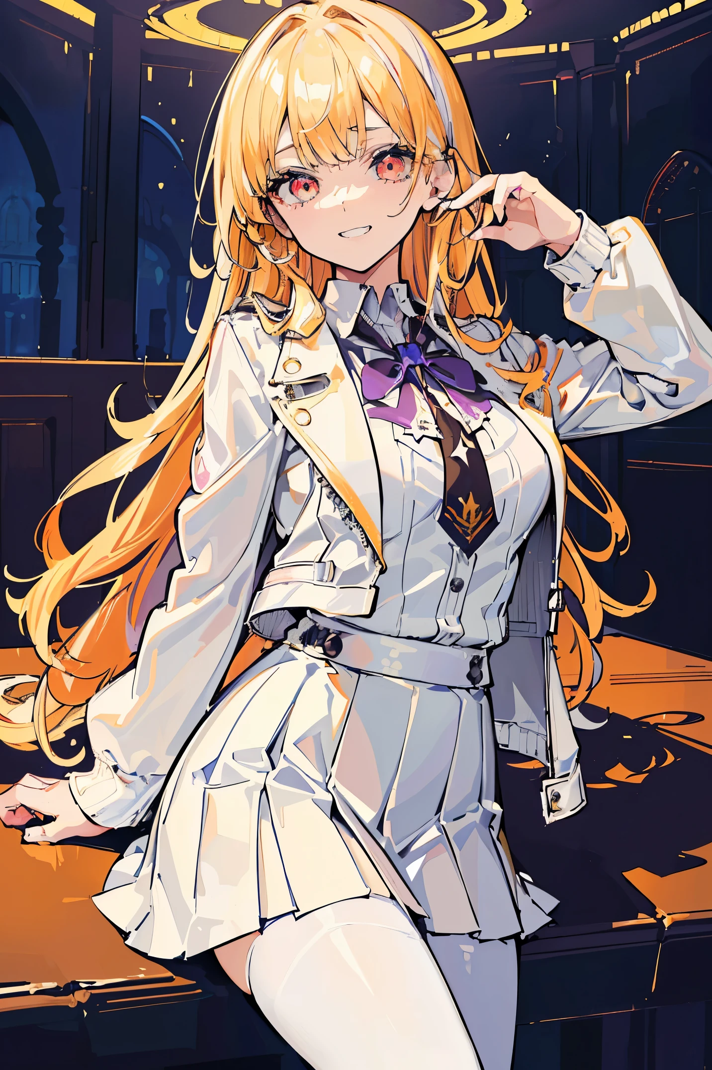 school teacher art, (1girl in), (masutepiece:1.3), (Intricate details:1.2), (softlighting:1.1), (Incredible shadows:1.1), (Vivid colors:1.2), Lush, Lean, (Чазки D:1.2), (White leather jacket:1.2), (white loose shirt:1.2), (White tight skirt:1.2), (light amber eyes:1.3), (long Lush curly blonde hair:1.2), playful grin