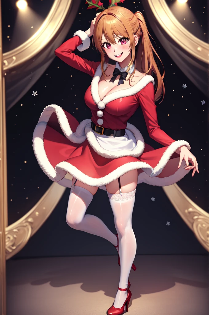 anime, beautiful face, highly detailed face, 2 accurate legs, pink detailed eyes, highly detailed background, perfect lighting, accurate arms, accurate hands, accurate fingers, full body, 1girl, solo, ruby hoshino, oshi no ko, female santa, sexy santa outfit, santa hat, heels, thighhighs, garter stockings, absurdres, high res, ultrasharp, 8K, masterpiece, looking at viewer, (dancing pose:1.3), (full body:1.4), Christmas concert, Christmas idol, performing on stage, crowd in the background, smiling with compassion, mouth open smile, full of delight, blushed, cleavage, sntdrs