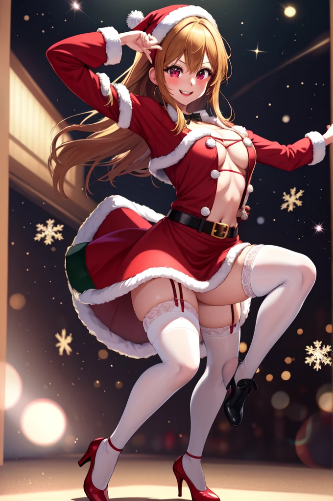 anime, beautiful face, highly detailed face, 2 accurate legs, detailed eyes, highly detailed christmas background, perfect lighting, accurate arms, accurate hands, accurate fingers, full body, 1girl, solo, ruby hoshino, oshi no ko, female santa, sexy santa outfit, heels, thighhighs, garter stockings, absurdres, high res, ultrasharp, 8K, masterpiece, looking at viewer (dancing pose:1.2), (full body:1.4), Christmas concert, Christmas idol, performing on stage, on stage, dancing, smiling with compassion, mouth open smile, full of delight, blushed, cleavage, sntdrs