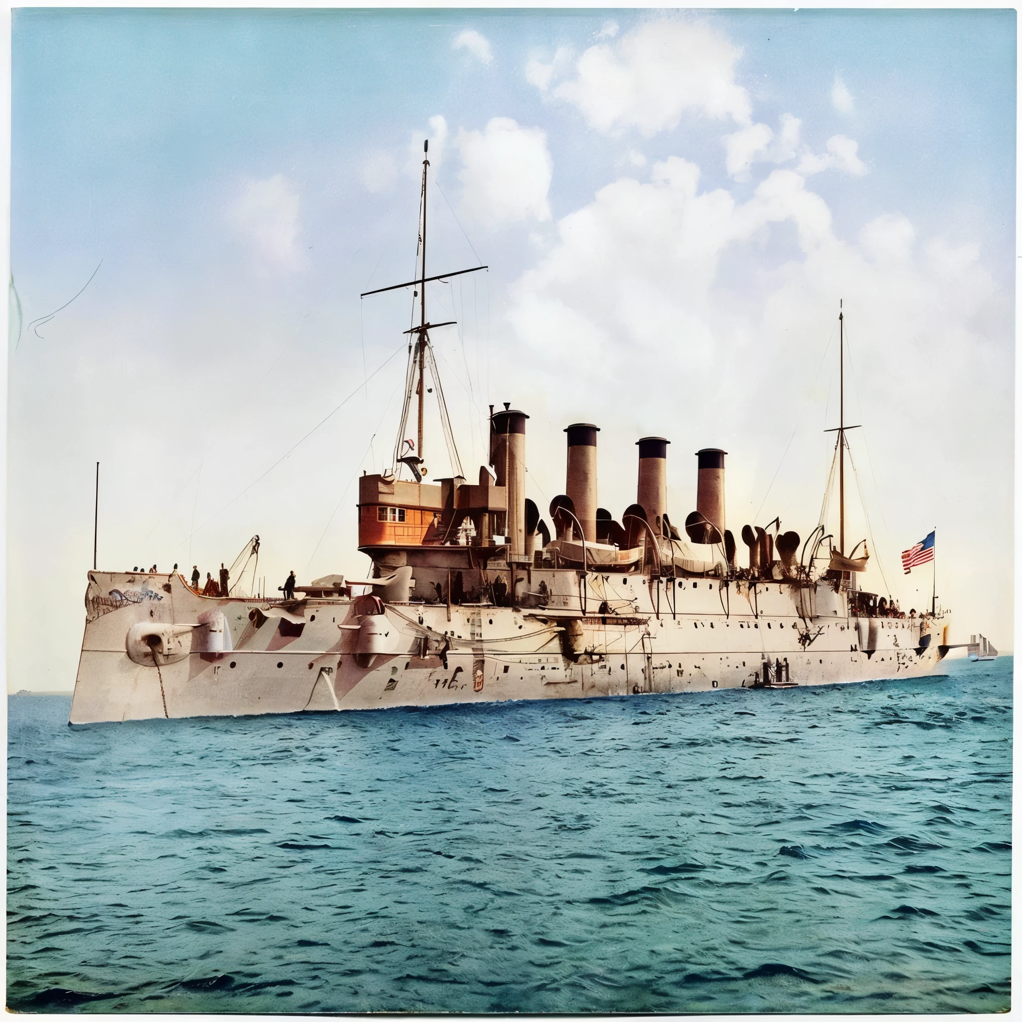 arafed ship in the water with a flag on the side, colourized, colorized, colourised, colorized 1 9 0 4 photo, colorized photograph, warship, a colorized photo, colorized photo, 1904, old photo width 768, barcelona in 1 9 1 8, restored color, 1907, coloured photo