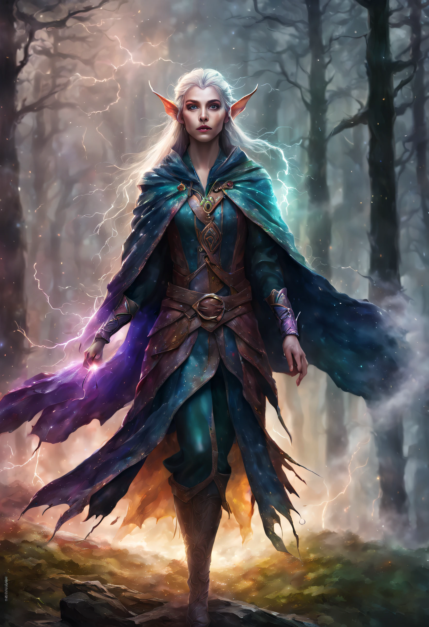 A beautiful realistic magestic forest elf with a coat made of a magnificent storm with lightning, It's textured and beautiful with lot of multicolored flying multicolored dust