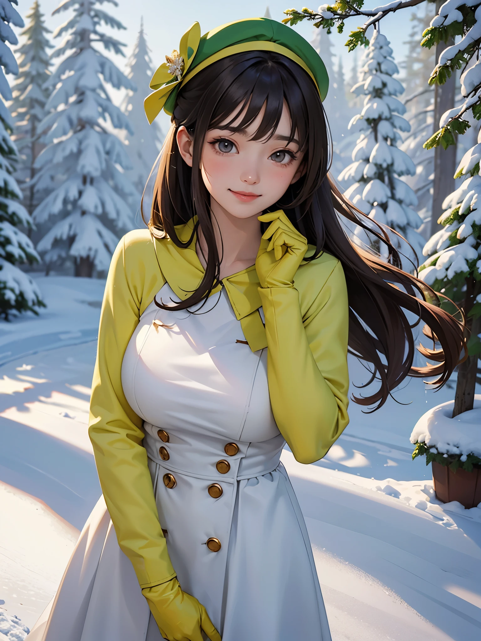 ((masterpiece)), ((best quality)), (ultra-detailed), ((cinematic light)), ((extremely detailed)), (8K), best quality, (beautiful), anime style, 1lady, 18 years old, long brown hair, parted bangs, brown eyes, delicate illustration, ultra-detailed, ((happy smile)), (blush), (upper body), (voluptuous:0.9), huge breasts, (red blush:1.1), perfectly proportioned, yellow coat dress, (green headwear), (green gloves), playing with the snow, (snow on the trees in the background, detailed background)