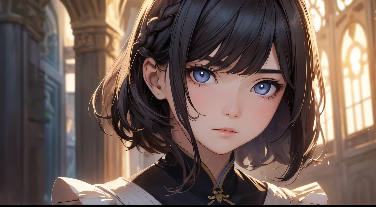 1girl in, (((shorth hair))), jugendstil,(​masterpiece, top-quality, Near and far law, depth of fields:1.5), beautiful countenance, 8k, Raw foto, HDR, Photorealsitic, film grains, chromatic abberation, hight resolution, ultra-detailliert, finely detail, 动态照明, Dramatic lighting、shadowy、extremely detailed eye and face、Round pupils、Realistic pupils、clean back ground