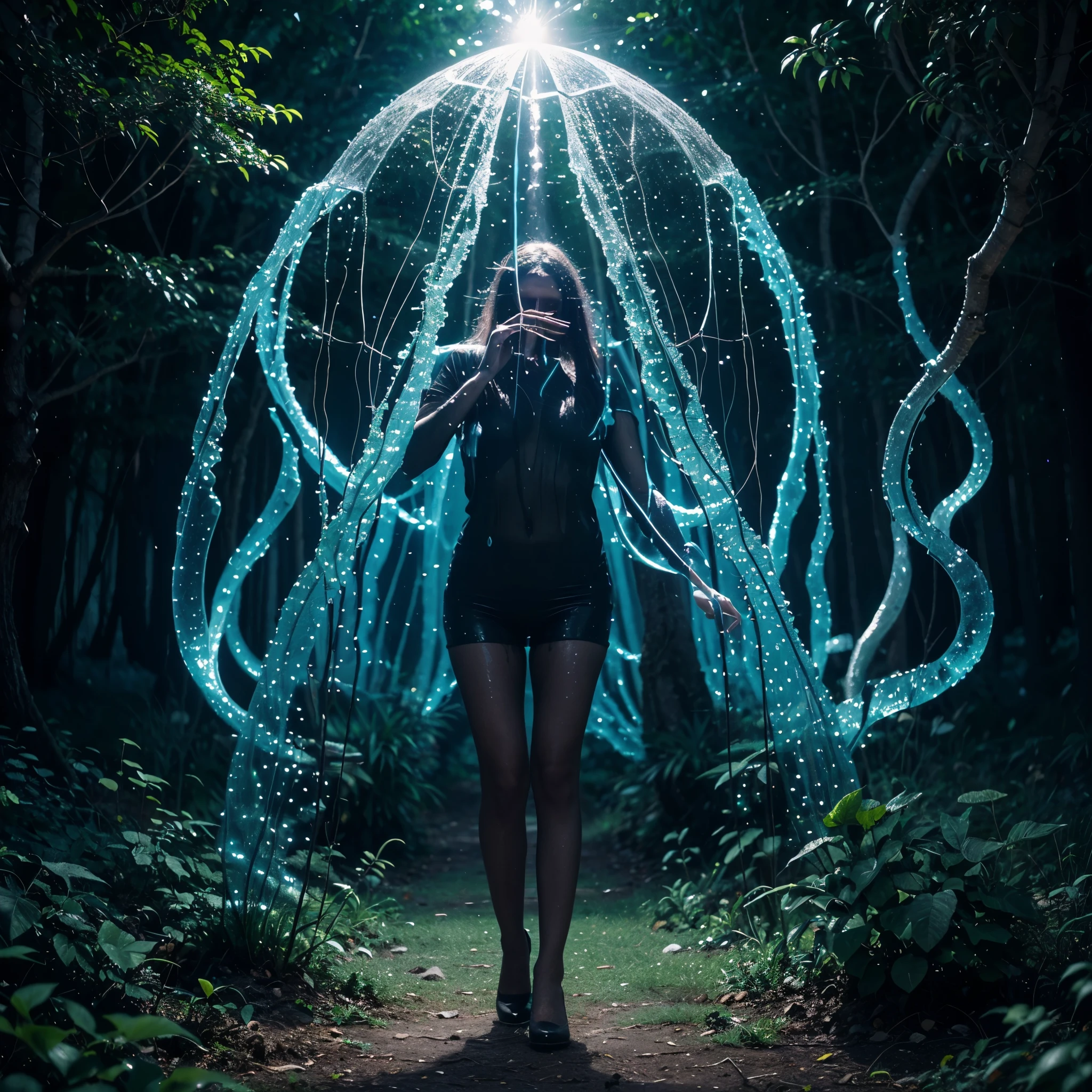 Magic forest with magical plants, magical plants emit magical blue light and subtle transparent fluids of magic and enchantment, spell emanations create bizarre geometric shapes of universal energies and interactions, this spectacle fascinates and takes you with you into the cycle of magical energies of the universe and magical plants