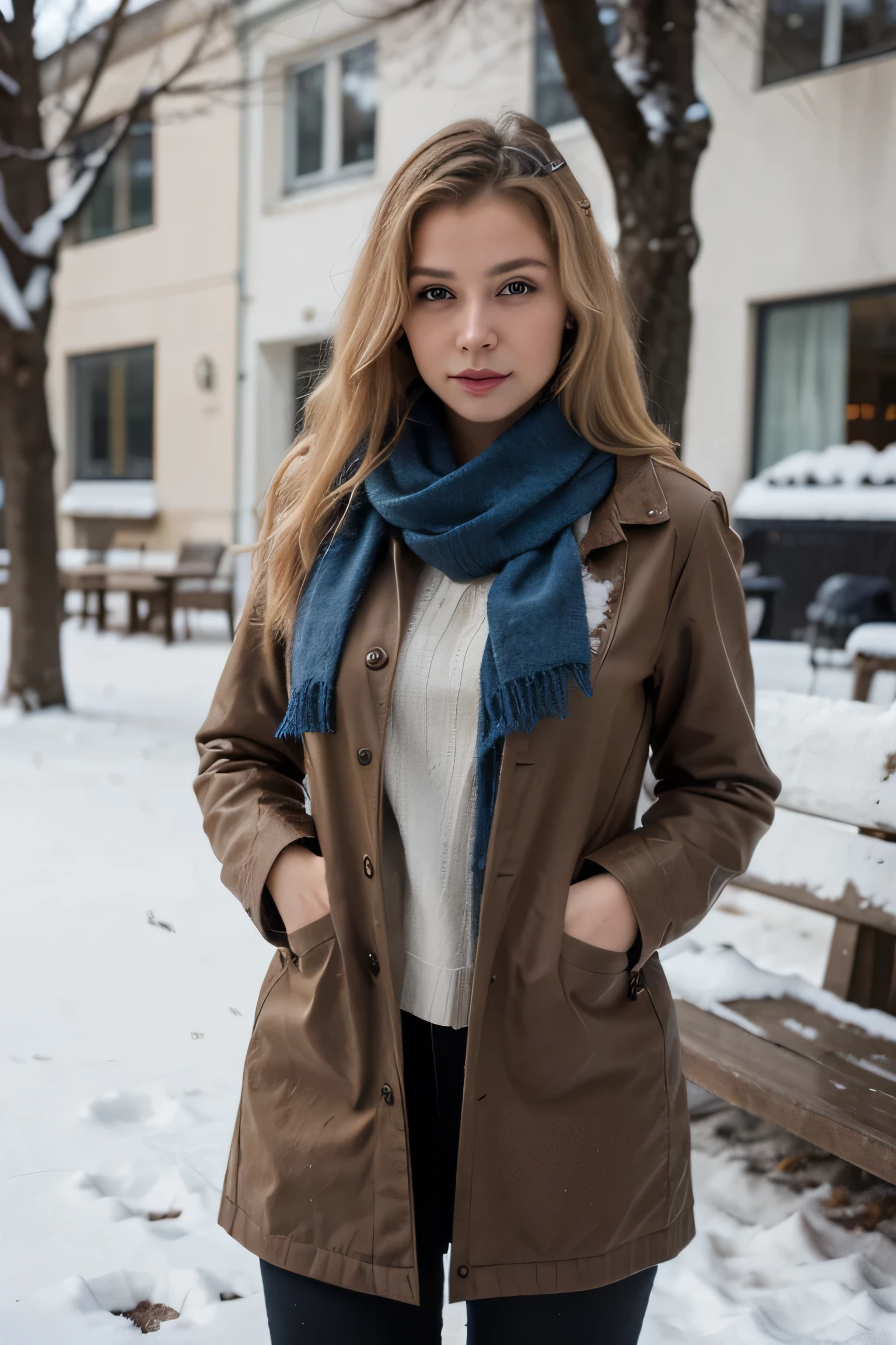 Extremely realistic blonde Russian girl with blonde hair and blue eyes, detailed clothing, winter clothing, wearing scarf