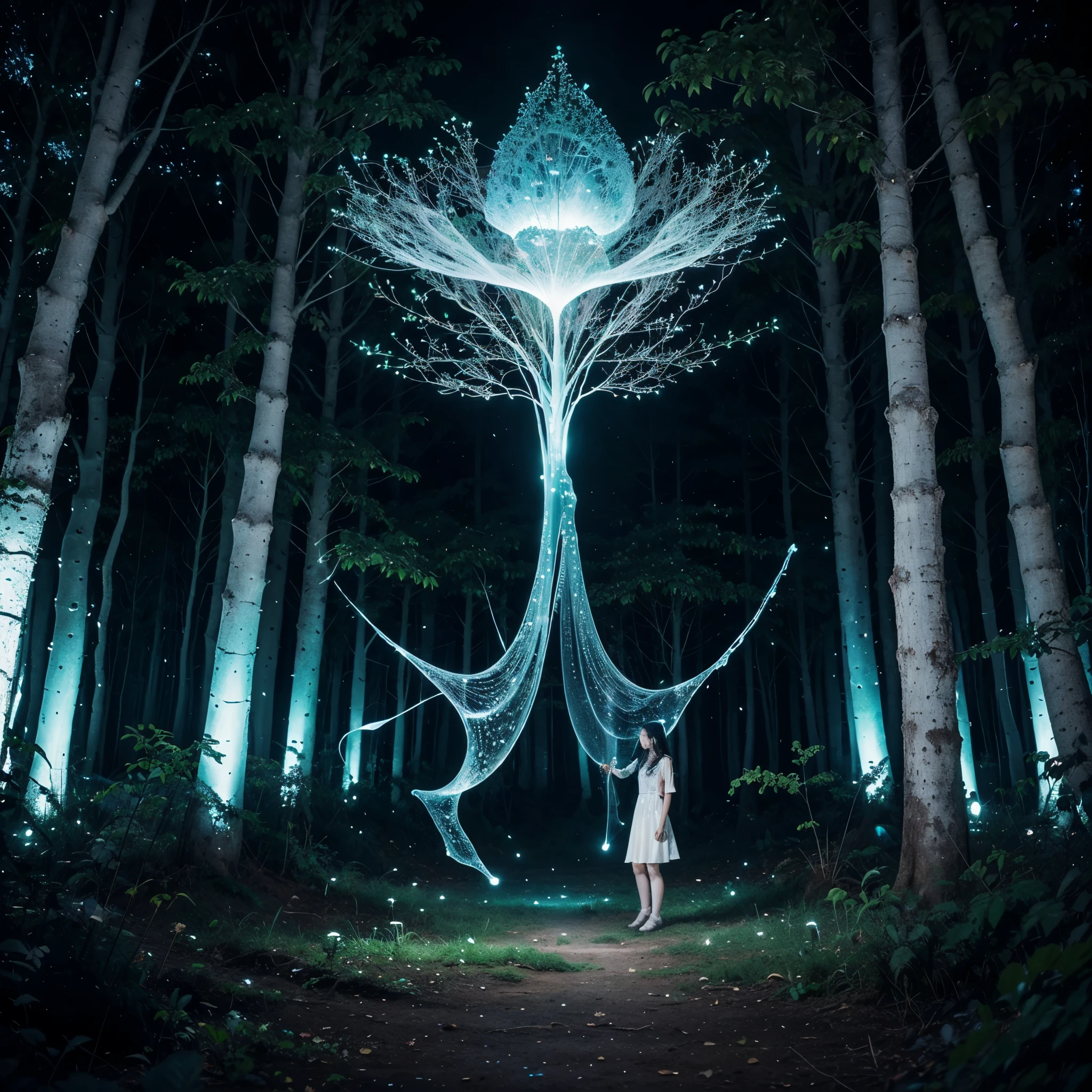 Magic forest with magical plants, magical plants emit magical blue light and subtle transparent fluids of magic and enchantment, spell emanations create bizarre geometric shapes of universal energies and interactions, this spectacle fascinates and takes you with you into the cycle of magical energies of the universe and magical plants