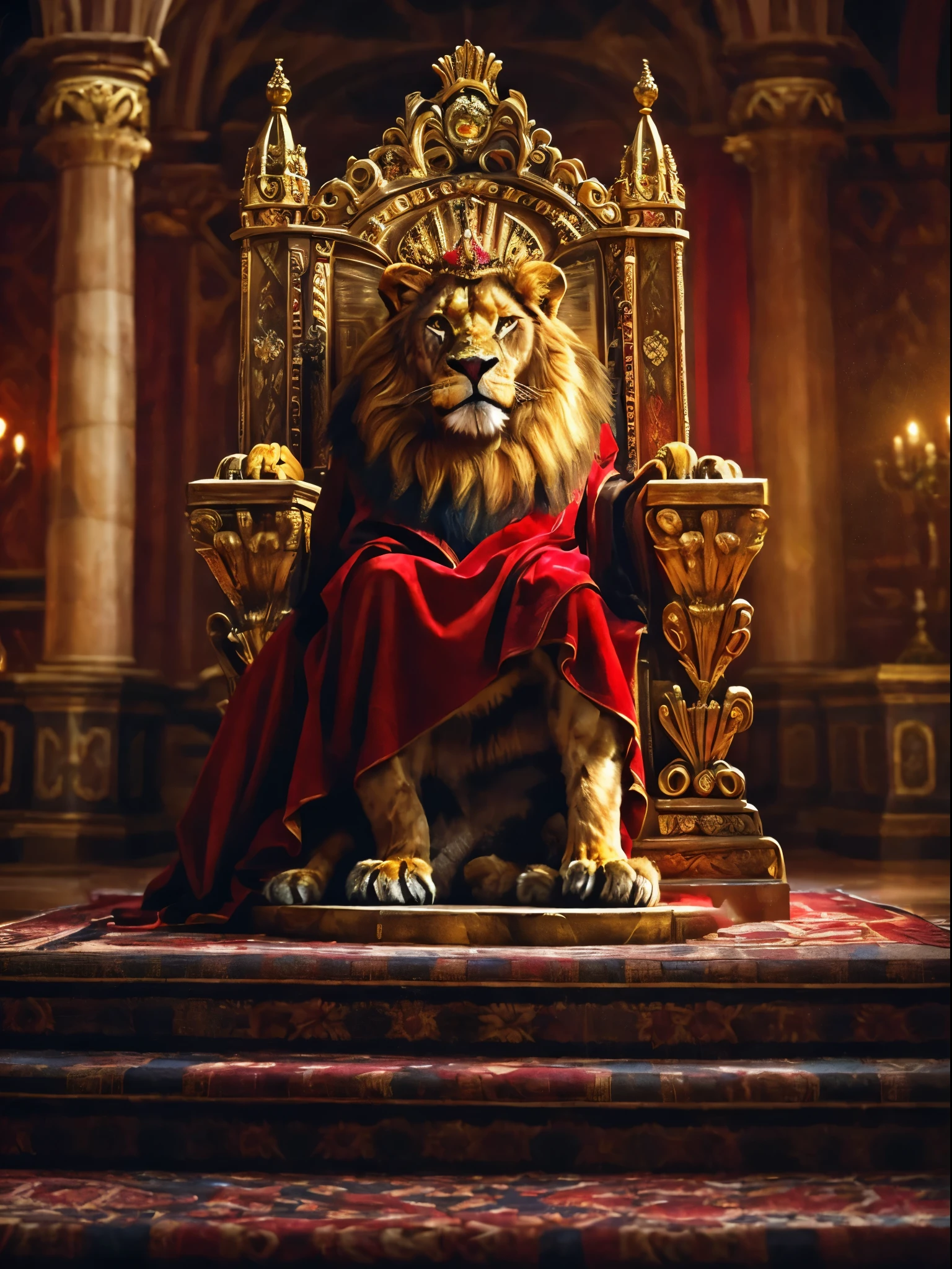 photograph of a majestic lion wearing a red royal mantle with a gold crown on its head sitting on throne inside of a castle, cinematic lighting, backlighting, UHD, masterpiece, anatomically correct, super detail, 8k