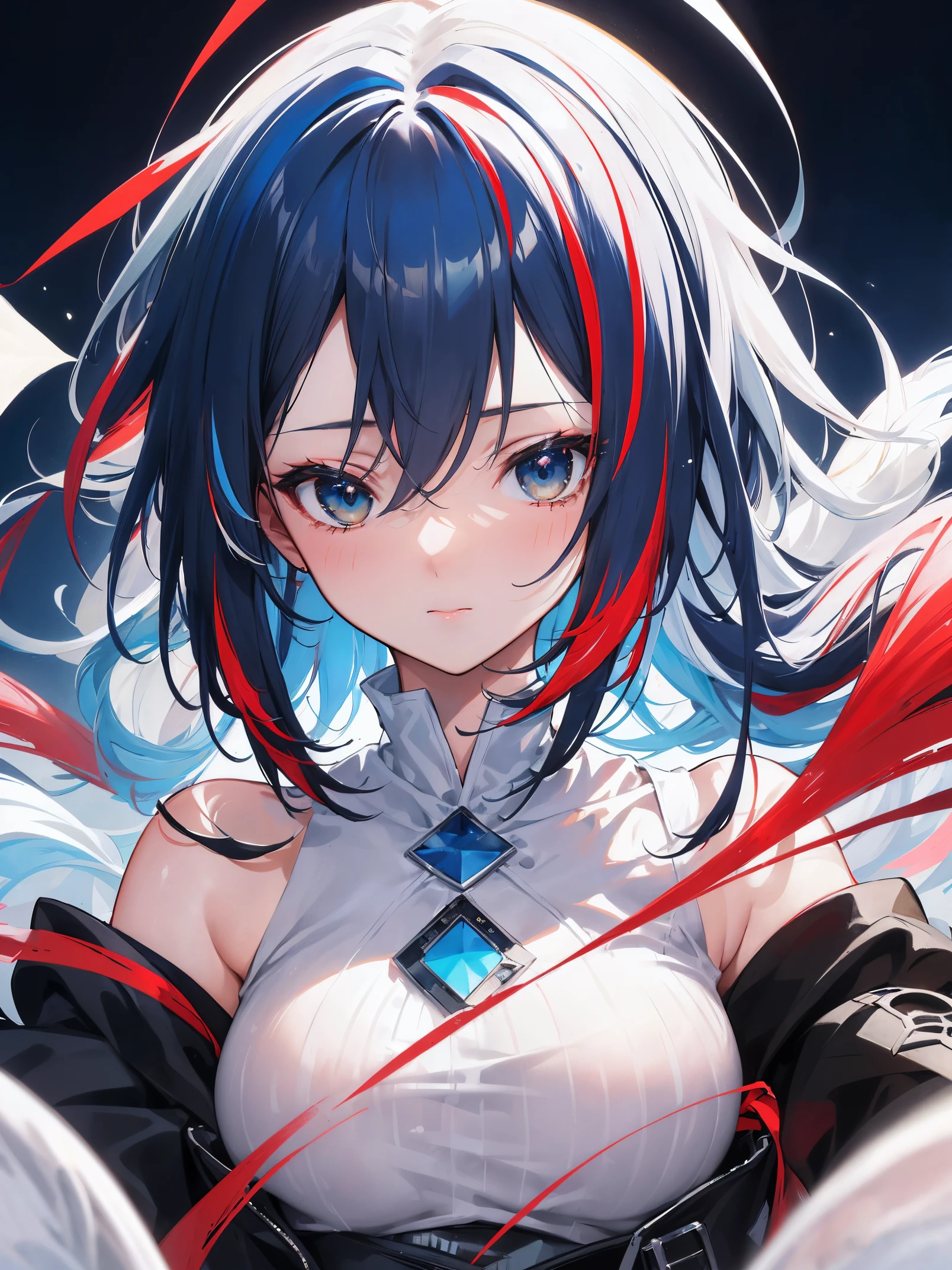 High quality, Realistic, Official art, Unity 8k壁纸, ultra-detailliert, Beautiful and aesthetic, masutepiece, Best Quality, 1boy, masutepiece++, Best Quality++, ultra-definition++, ultra-definition++, rey tracing, 4K or more++, 8K or more++, slight detail background focus )++, (((Ultramarine hair))), (((White dip dyed hair))), (((red streaked hair))),