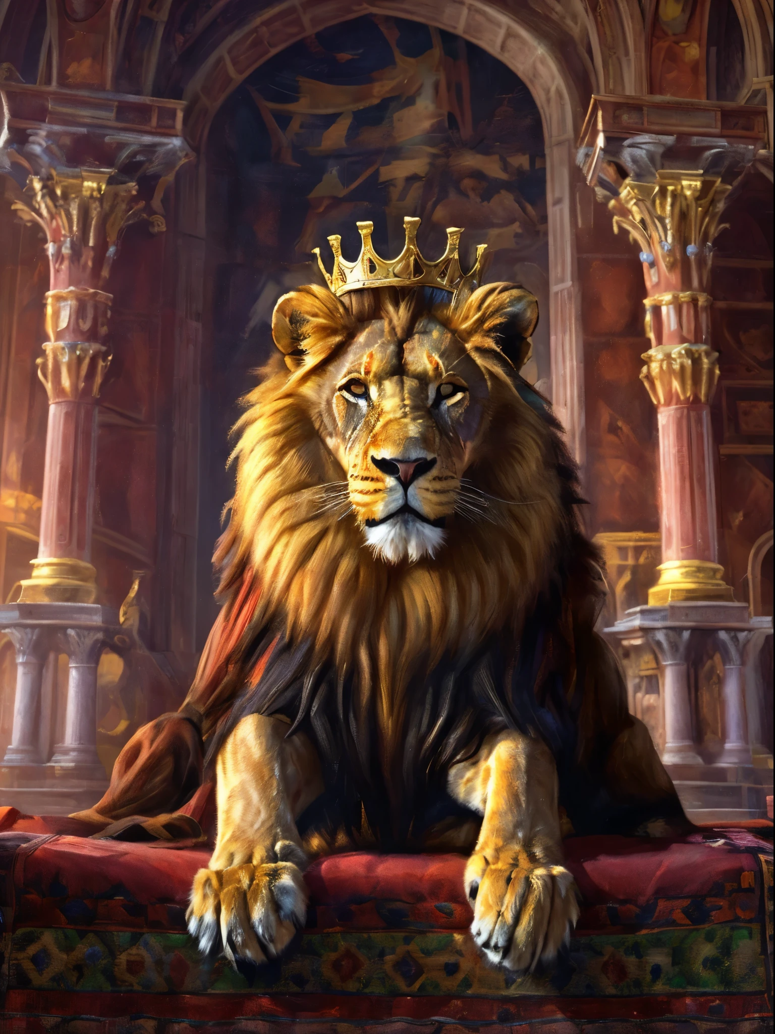 photograph of a majestic lion wearing a red royal mantle with a gold crown on its head sitting on throne inside of a castle, cinematic lighting, backlighting, UHD, masterpiece, anatomically correct, super detail, 8k