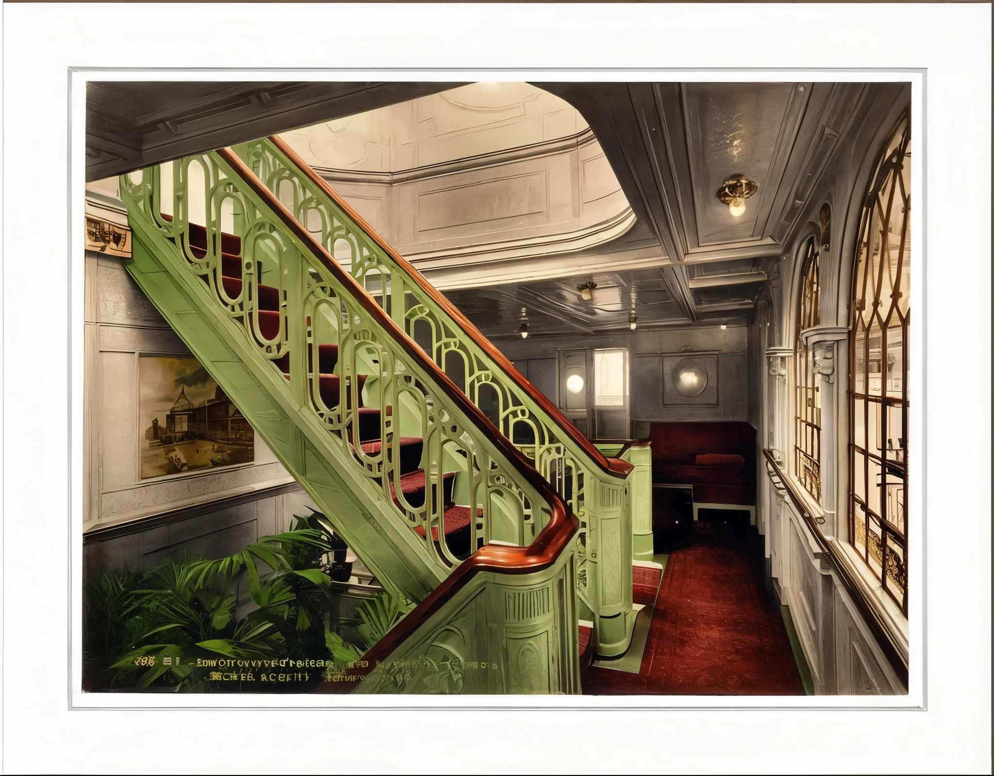 there is a picture of a staircase in a building with a green railing, titanic ship interior, colourized, colourised, 1 staircase, colorized 1 9 0 4 photo, colorized, detailed color scan”, colorized photograph, award winning colorized photo, wide grand staircase, ship interior, interior of staten island ferry, colorized photo, amazing color photograph