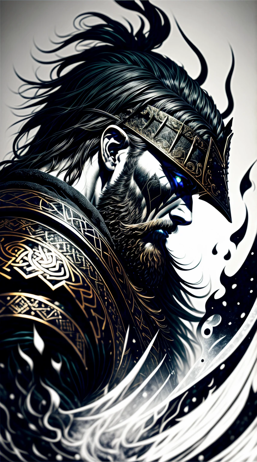An intense close-up of a Viking warrior with piercing, glowing eyes, surrounded by an inky darkness. His horned helmet gives him an imposing silhouette, while his wild, flowing beard adds a touch of ruggedness. The warrior's face bears an expression of deep anger, a testament to his ferocity in battle. The backdrop is filled with swirling tendrils of inky blackness, reminiscent of ancient mythological forces. The atmosphere is tense, hinting at the mythical powers that surround the warrior. The image combines high detail and an artistic touch, creating a captivating visual experience. Artwork, ink on parchment