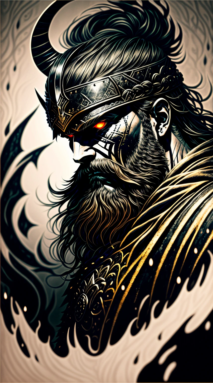 An intense close-up of a Viking warrior with piercing, glowing eyes, surrounded by an inky darkness. His horned helmet gives him an imposing silhouette, while his wild, flowing beard adds a touch of ruggedness. The warrior's face bears an expression of deep anger, a testament to his ferocity in battle. The backdrop is filled with swirling tendrils of inky blackness, reminiscent of ancient mythological forces. The atmosphere is tense, hinting at the mythical powers that surround the warrior. The image combines high detail and an artistic touch, creating a captivating visual experience. Artwork, ink on parchment