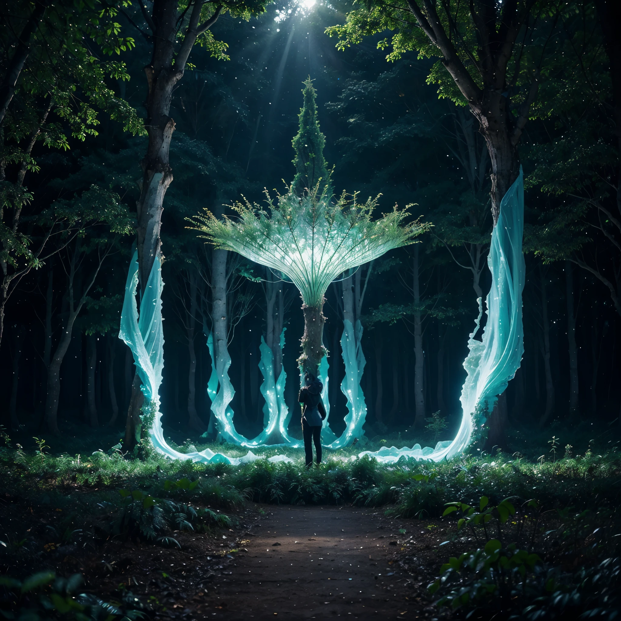 Magic forest with magical plants, magical plants emit magical blue light and subtle transparent fluids of magic and enchantment, spell emanations create bizarre geometric shapes of universal energies and interactions, this spectacle fascinates and takes you with you into the cycle of magical energies of the universe and magical plants