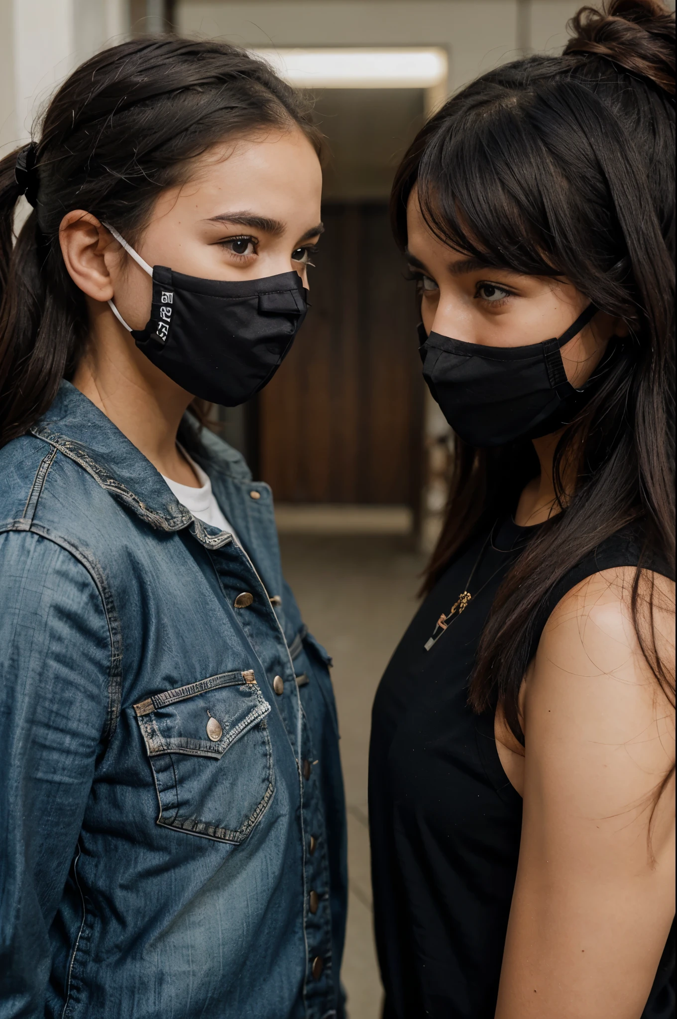 2 girls questioning a person who’s wearing a black face mask