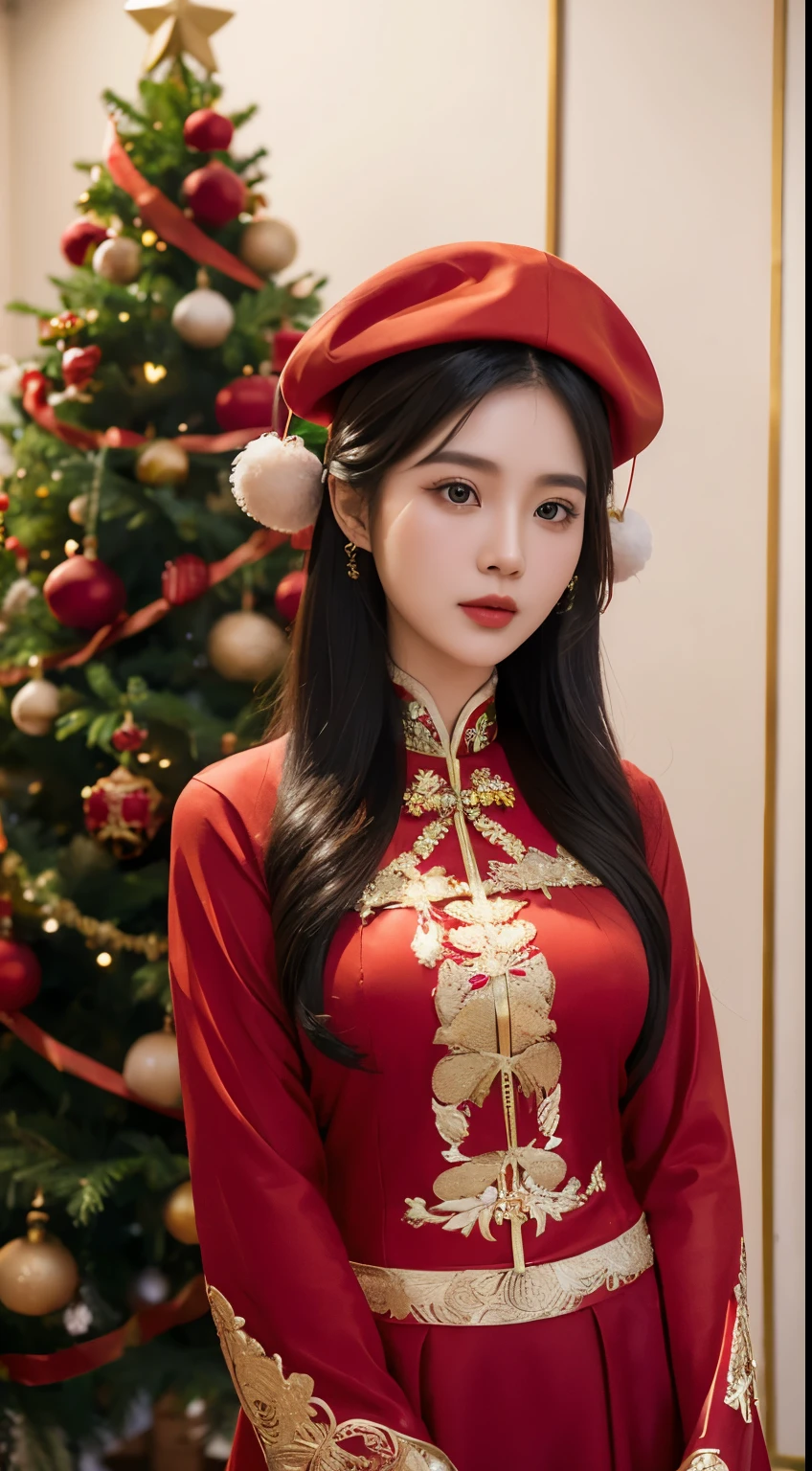 (Beautiful Vietnamese Woman),(Red Ao Dai),(Santa Claus hat),Christmas tree,Christmas atmosphere black hair, Surrealism, 8k, super detail, UHD, masterpiece, ccurate, textured skin, super detail, high details, high quality, best quality
