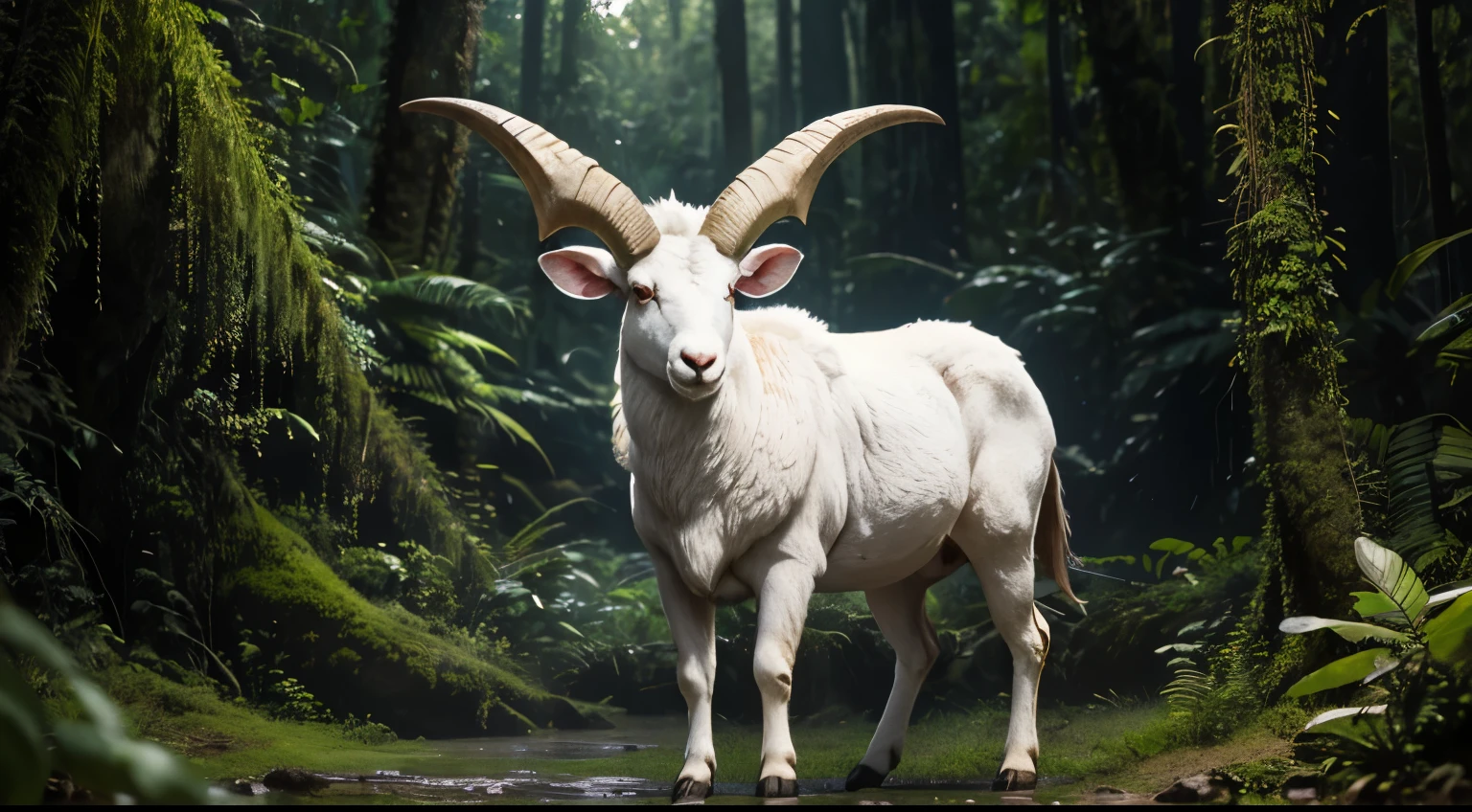 realistic image of a huge angry white bighorn ram with huge horns in the forest. Amazon rainforest at dusk
