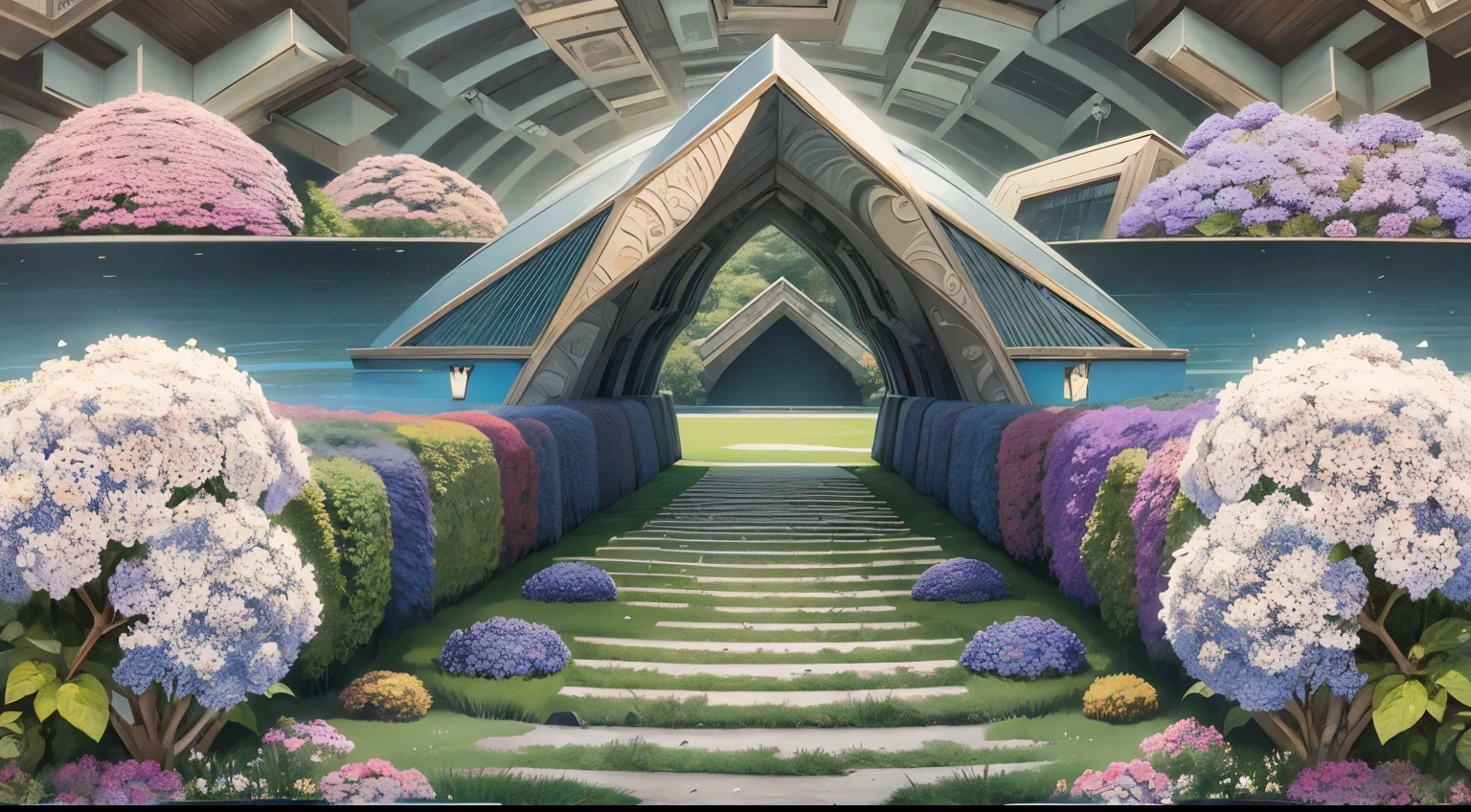 Hydrangeas, park, lake, small hill, pebble path, wallpaper, Art Deco, high detail, Cubist Futurism, Surrealism, modern, Gothic art, atmospheric perspective, panorama, perspective, diffraction spikes, masterpiece, best quality, anatomically correct, high details, 8K