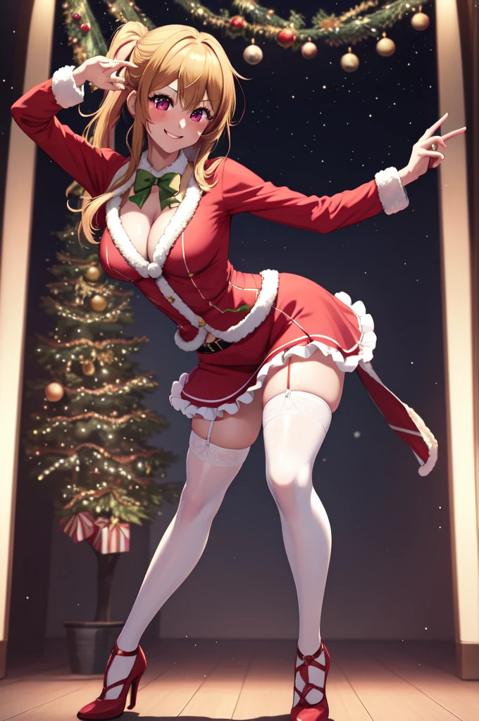 anime, beautiful face, highly detailed face, 2 accurate legs, detailed eyes, highly detailed background, perfect lighting, accurate arms, accurate hands, accurate fingers, full body, 1girl, solo, ruby hoshino, oshi no ko, female santa, sexy santa outfit, heels, thighhighs, garter stockings, absurdres, high res, ultrasharp, 8K, masterpiece, looking at viewer (dancing pose:1.4), (full body:1.4), Christmas concert, Christmas idol, performing, on stage, dancing, smiling with compassion, mouth open smile, full of delight, blushed, cleavage, leaning_forward, sntdrs