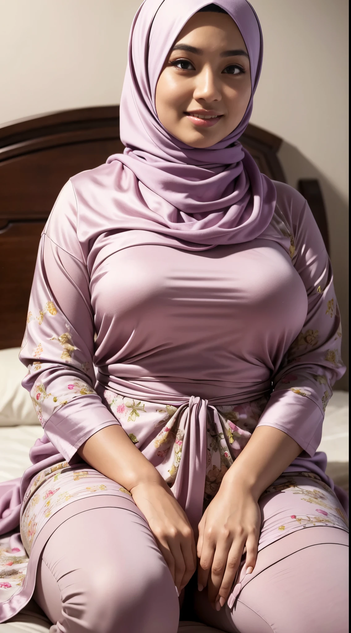 (Best quality, high resolution, masterpiece: 1.3), a beautiful malay woman in hijab, big breasts, slim figure, sweatshirt, beautifully presented details in the street and facial and skin texture, detailed eyes, double eyelids, big eyeschest visible, shirt openfeatures), HDR, 8k resolution, nice fingers, firm skin, (((high detail skin, visible pores))), 1 female, tall body, sitting on the bed, 30 years old, big breasts: 1.4, wearing Floral Silk Tight Malay Gamis Pastel Close Up Tight Hijab, Full Body, Beautiful Shy Smile