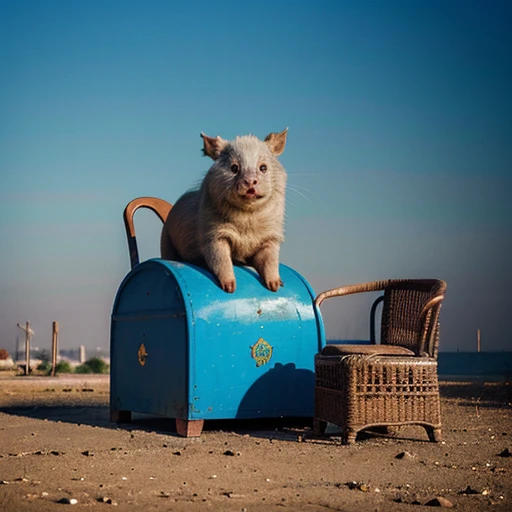 Lonely Shiite imam pig lonely sitting on a chair, rusty, surrounded by rats, clear blue sky, sharp focus, surrealism style, crayon drawing with mature artistic details, vivid colors, bold lines, loneliness ambience