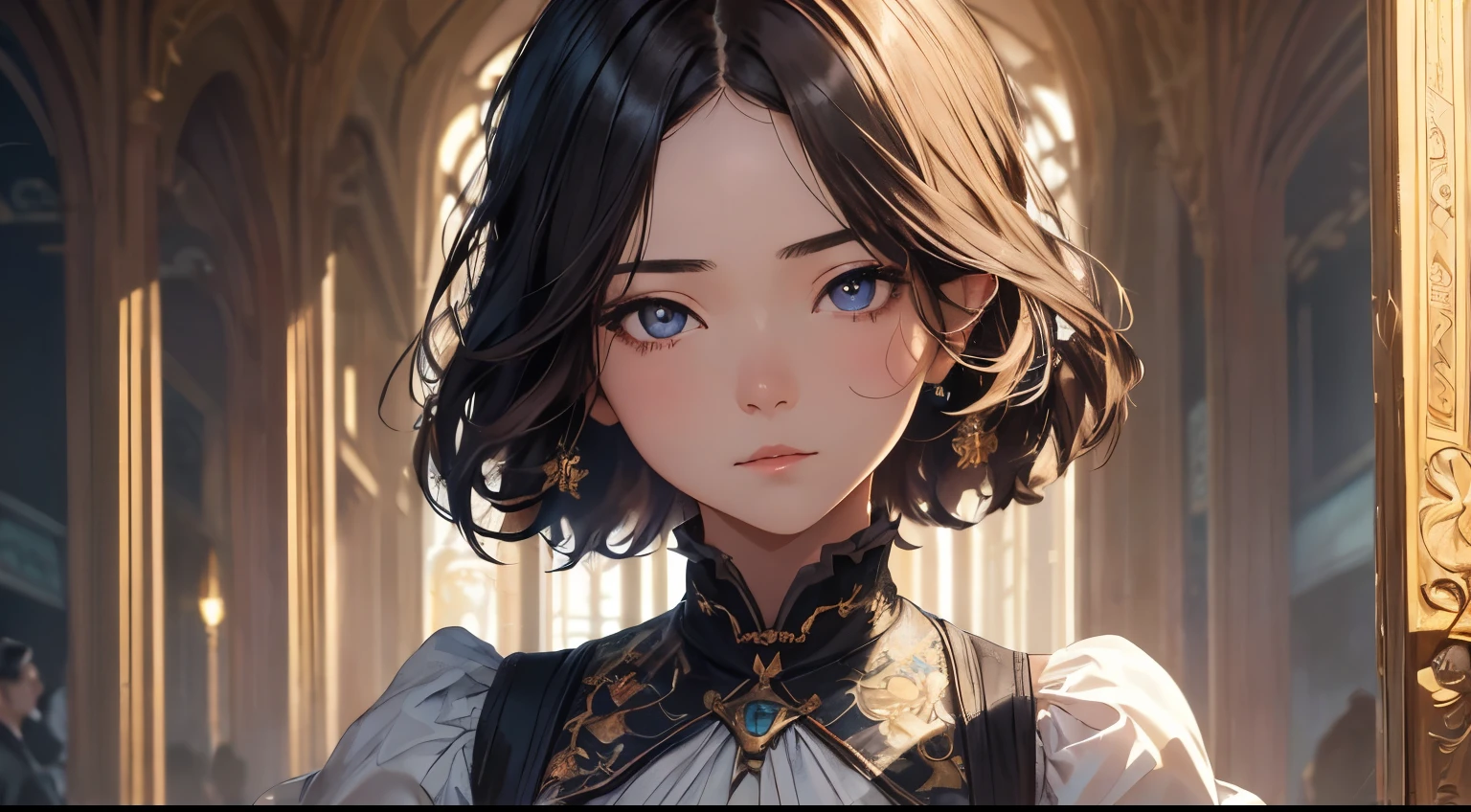 1girl in, (((shorth hair))), jugendstil,(masterpiece, top-quality, Near and far law, depth of fields:1.5), beautiful countenance, 8k, Raw foto, HDR, Photorealsitic, film grains, chromatic abberation, hight resolution, ultra-detailliert, finely detail, 动态照明, Dramatic lighting、shadowy、extremely detailed eye and face、Round pupils、Realistic pupils、clean back ground