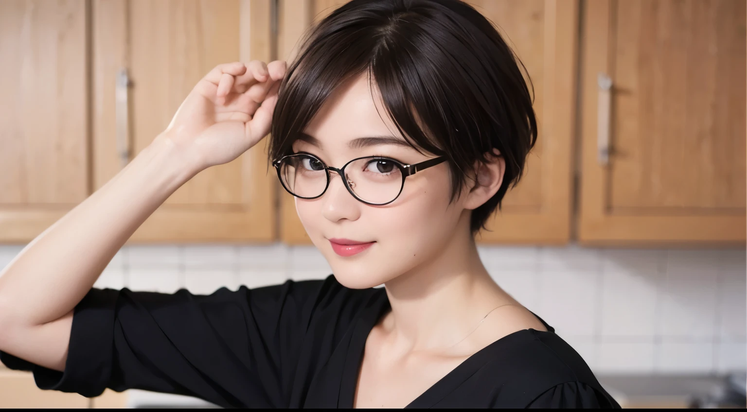 137
(a 20 yo woman, Bread), (A hyper-realistic), (high-level image quality), ((beautiful hairstyle 46)), ((short-hair:1.46)), (Gentle smile), (breasted:1.46), (lipsticks), (wears glasses,wide,kitchin), (florals), (there is an oven)