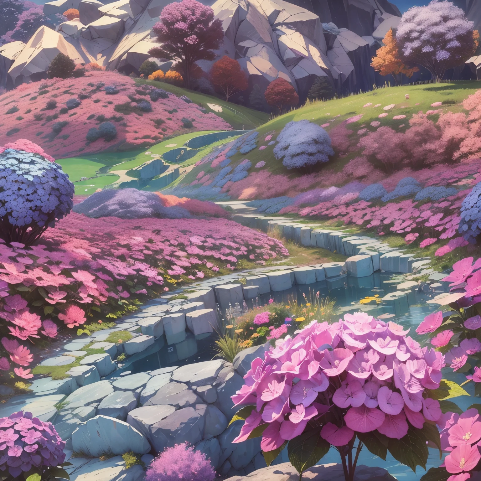 Hydrangeas, park, lake, small hill, pebble path, wallpaper, Art Deco, high detail, Cubist Futurism, Surrealism, modern, Gothic art, atmospheric perspective, panorama, perspective, diffraction spikes, masterpiece, best quality, anatomically correct, high details, 8K