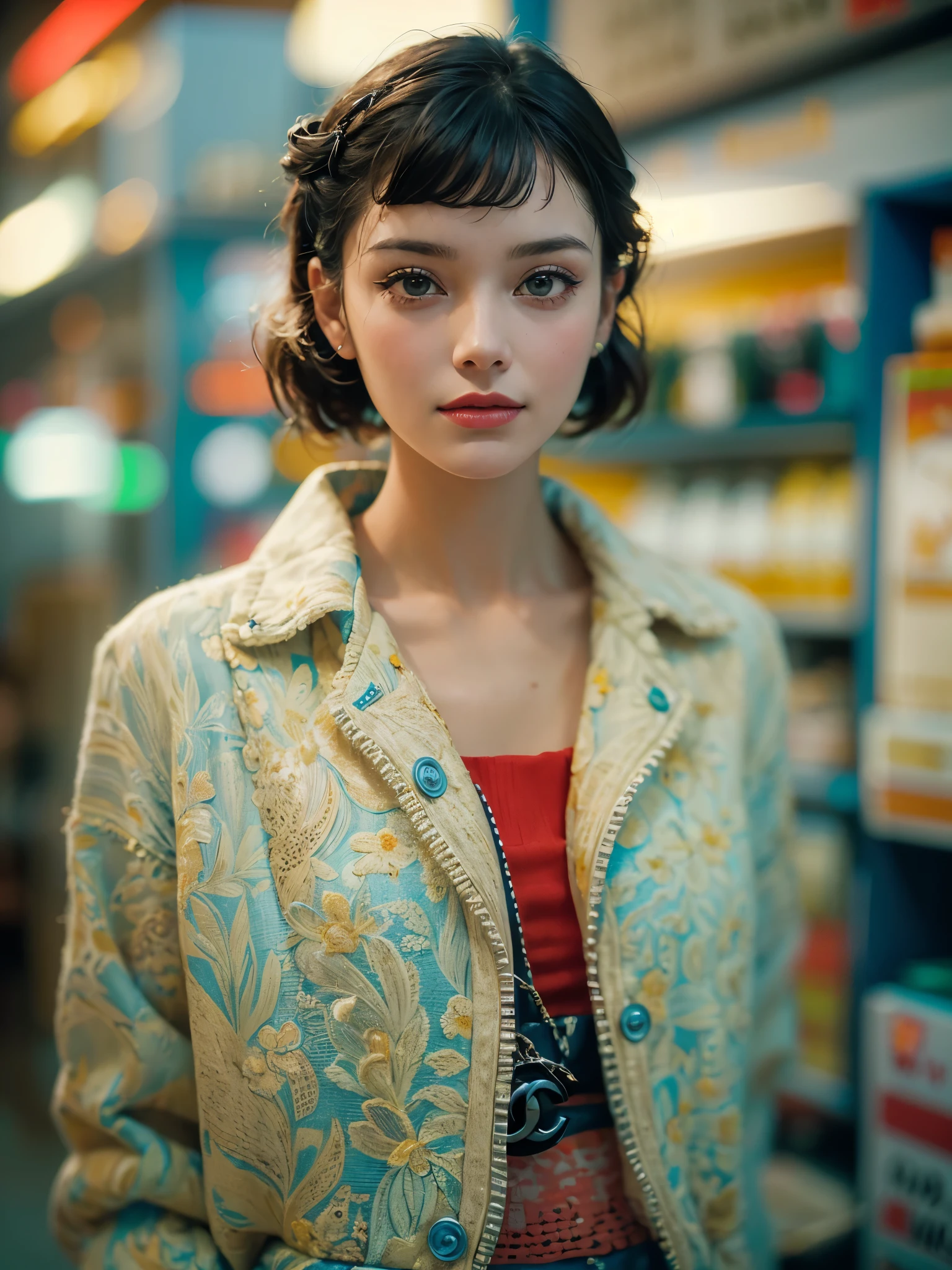 analogue fashion photo shot of young woman with short hair, in a 1950 cuban supermarket, ((neon lights red and blue lights)), (high fashion one piece in the style of Chanel:1.3), Audrey Hepburn style, super model, model poses, cowboy shot,  (little smile:1.3), masterpiece, eye level, Kodak Funsaver, Porta 160, 20mm, bokeh, in the style of Nan Goldin, textured, distressed, ((vintage)), edgy, noisy, high contrast