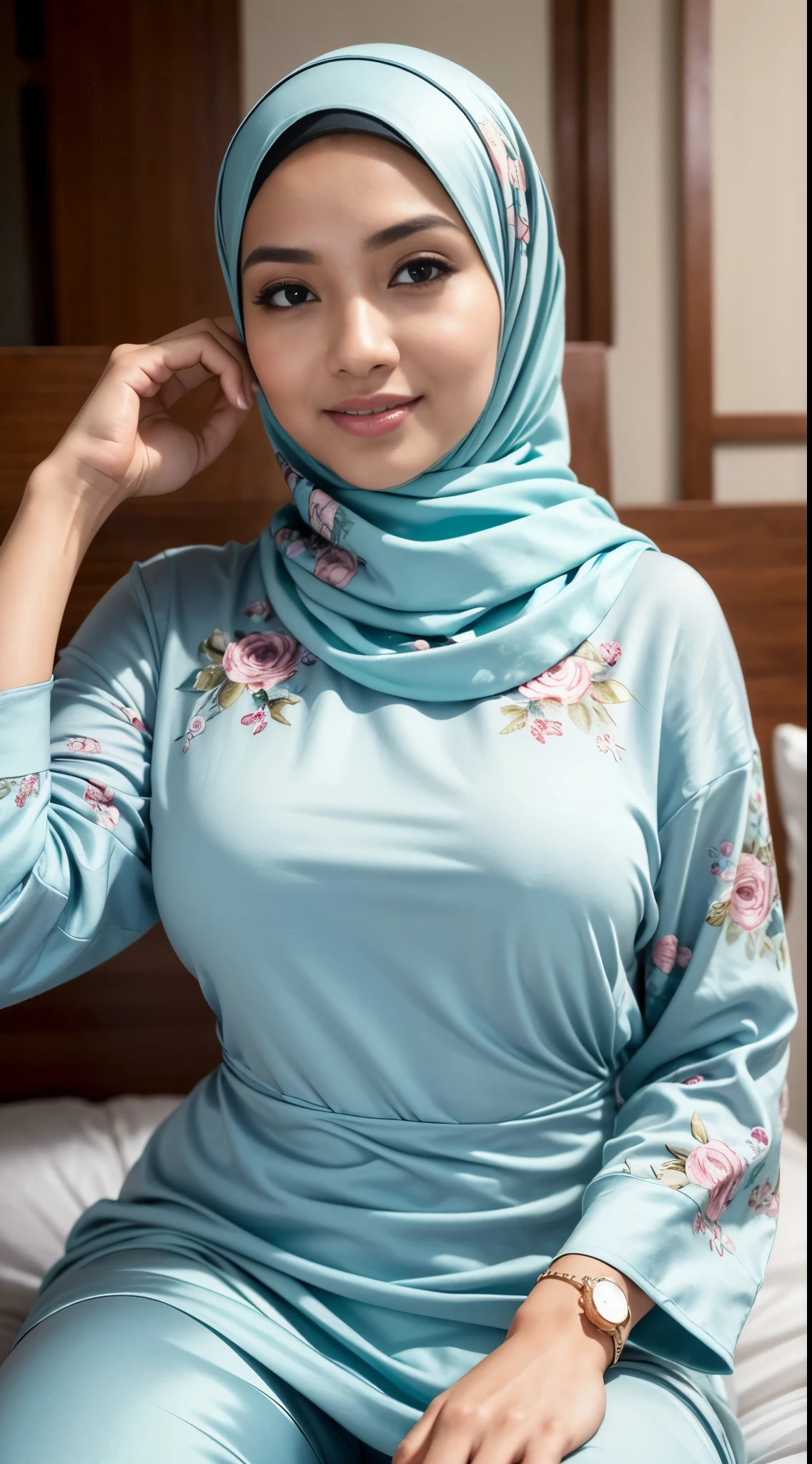 RAW, Best quality, high resolution, masterpiece: 1.3), beautiful Malay woman in hijab (iu:0.8),1 Malay woman wearing a plain hijab. soft smile. beautiful face.big breast, woman posing for photo in long skirt and light blue shirt, medium chest. Depth of field background on flores. In a shirt, in a light green shirt, in a fine light red shirt, in a shirt, in a light blue shirt, in a light red button shirt, in a light green shirt, in an open shirt, in a light blue shirt, in a light shirt, in a tight and simple outfit, in a white shirt