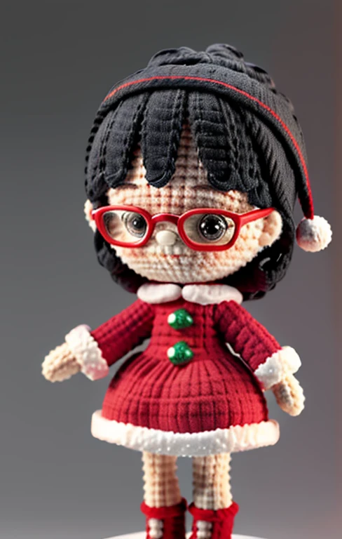 Woolen doll santa, short black hair, happy smile, black eyeglasses, Christmas Santa clothes, gift in hand, Happy holidays theme