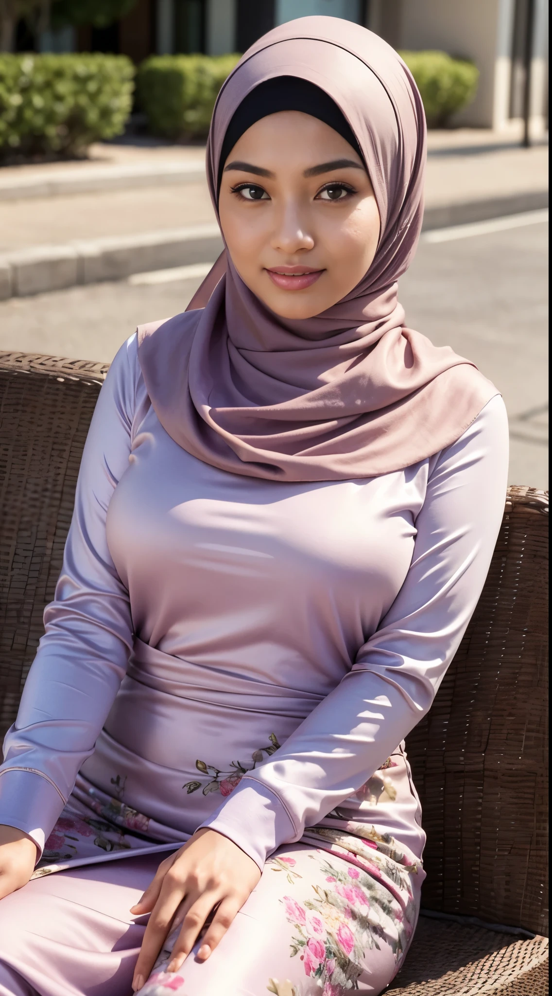 (Best quality, high resolution, masterpiece: 1.3), a beautiful malay woman in hijab, big breasts, slim figure, sweatshirt, beautifully presented details in the street and facial and skin texture, detailed eyes, double eyelids, big eyeschest visible, shirt openfeatures), HDR, 8k resolution, nice fingers, firm skin, (((high detail skin, visible pores))), 1 female, tall body, sitting on the bed, 30 years old, big breasts: 1.4, wearing Floral Silk Tight Malay Gamis Pastel Close Up Tight Hijab, Full Body, Beautiful Shy Smile