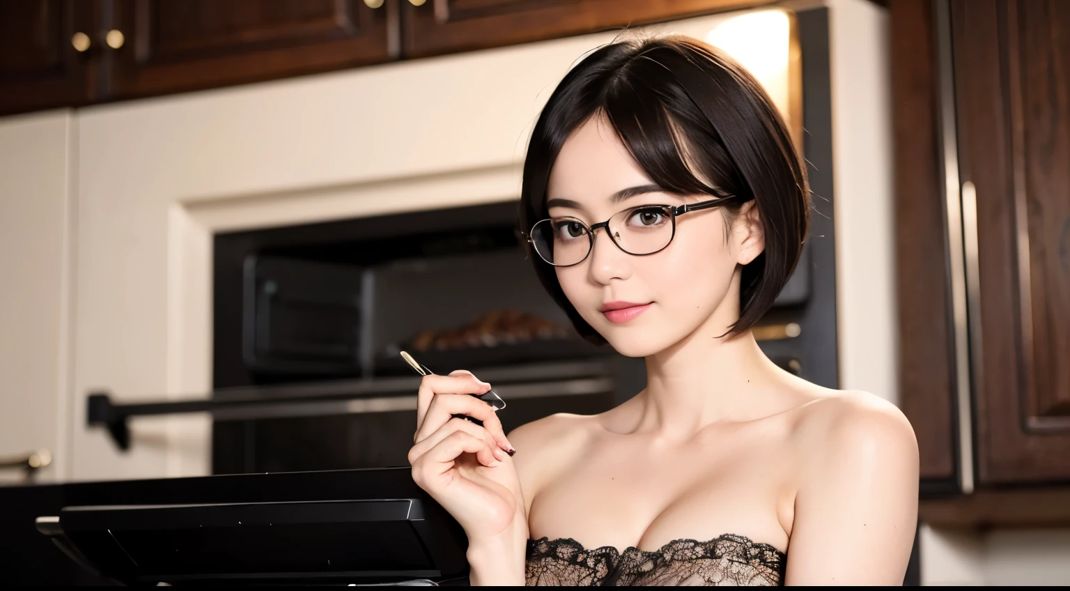 137
(a 20 yo woman, Bread), (A hyper-realistic), (high-level image quality), ((beautiful hairstyle 46)), ((short-hair:1.46)), (Gentle smile), (breasted:1.46), (lipsticks), (wears glasses,wide,kitchin), (florals), (there is an oven)