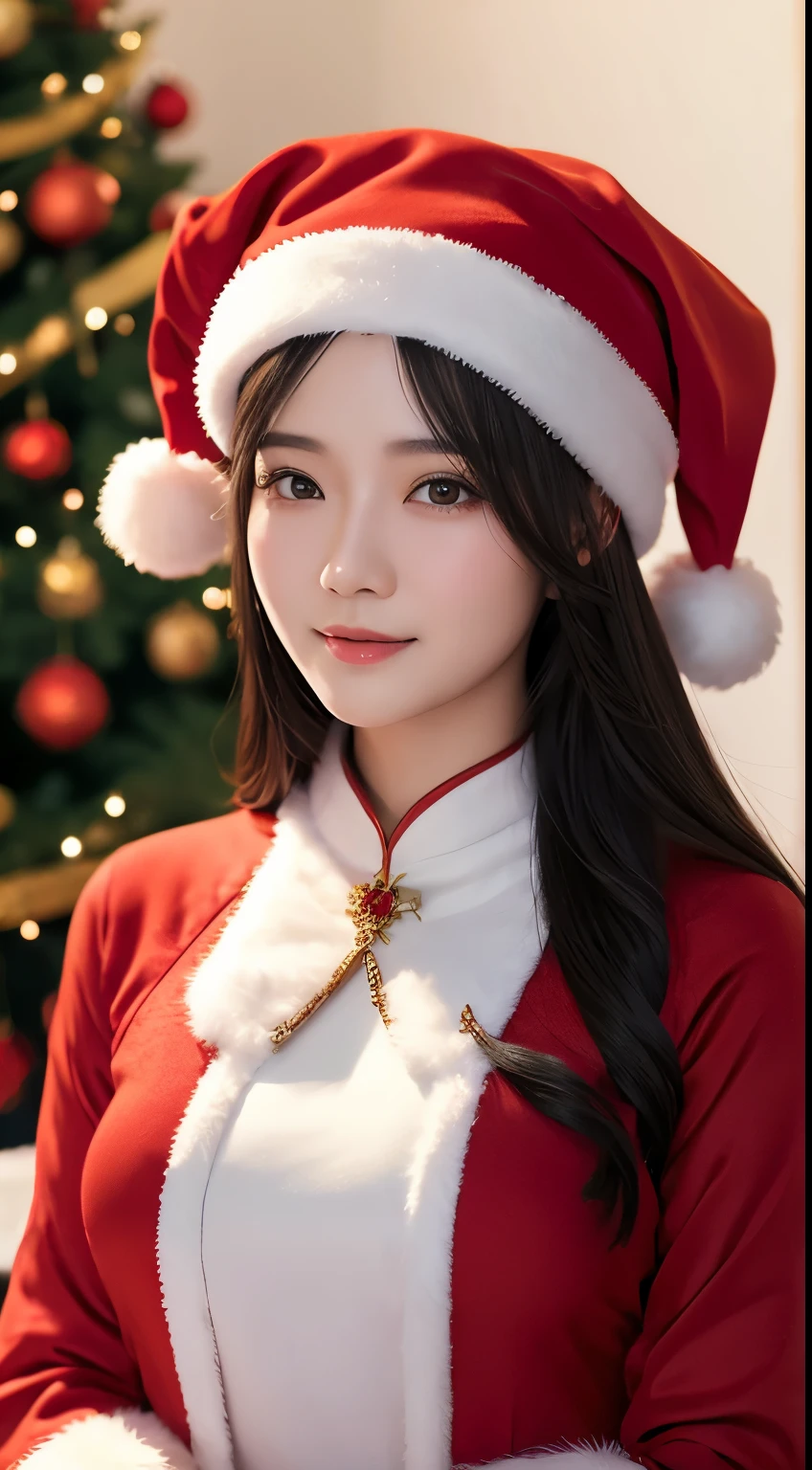 (Beautiful Vietnamese Woman)，(Red Ao Dai)，(Santa Claus hat)，Christmas tree，Christmas atmosphere black hair, Surrealism, 8k, super detail, UHD, masterpiece, ccurate, textured skin, super detail, high details, high quality, best quality