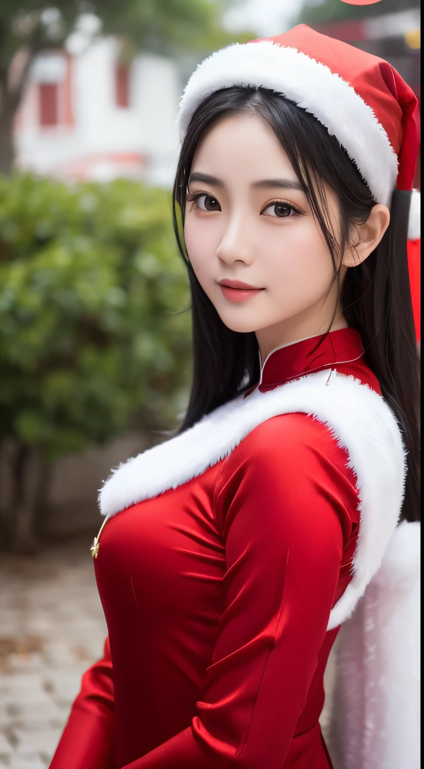 (Beautiful Vietnamese Woman),(Red Ao Dai),(Santa Claus hat),Christmas tree,Christmas atmosphere black hair, Surrealism, 8k, super detail, UHD, masterpiece, ccurate, textured skin, super detail, high details, high quality, best quality