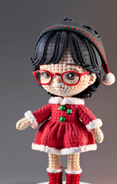 Woolen doll, 1boy, short black hair, happy smile, black eyeglasses, Christmas Santa clothes, pants, gift in hand, Happy holidays theme