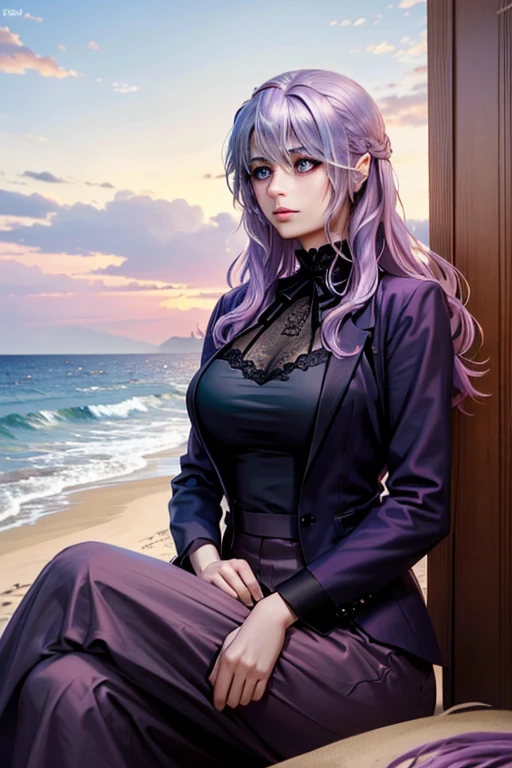 A pink haired woman with violet eyes in a lilac blouse and black lace skirt is sitting on the beach with a man with long navy hair and silver eyes in a silver suit