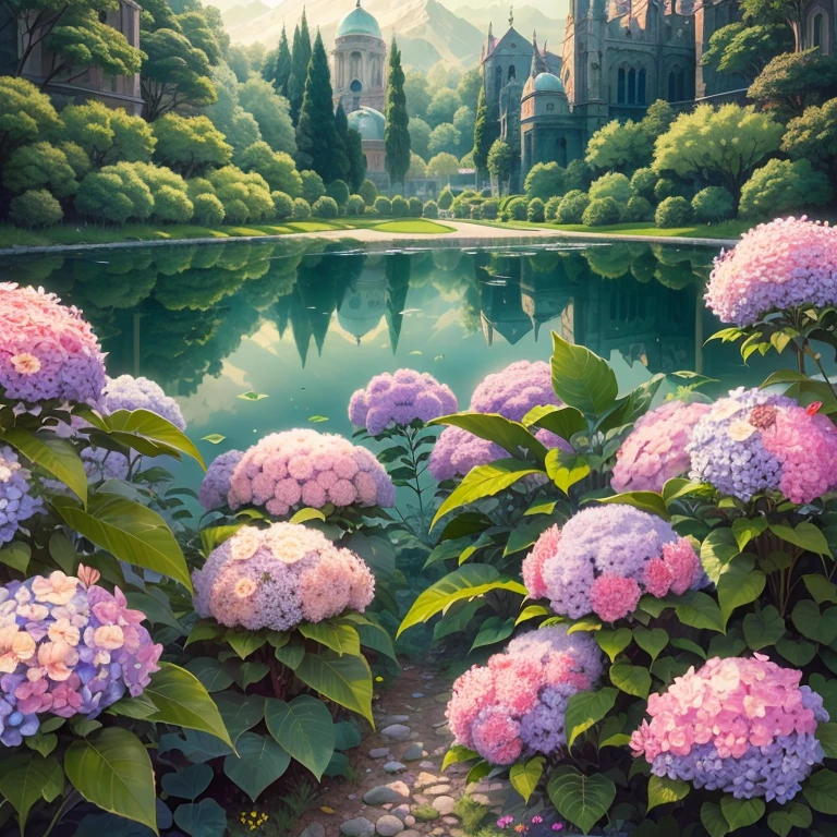 Hydrangeas, park, lake, small hill, pebble path, wallpaper, Art Deco, high detail, Cubist Futurism, Surrealism, modern, Gothic art, atmospheric perspective, panorama, perspective, diffraction spikes, masterpiece, best quality, anatomically correct, high details, 8K