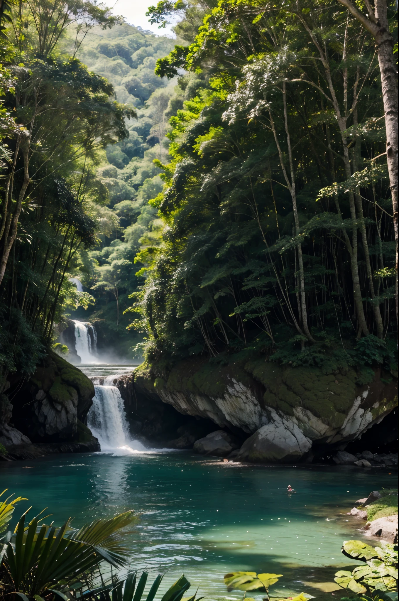 gere uma imagem de um paisagem verde com rios e montanhas