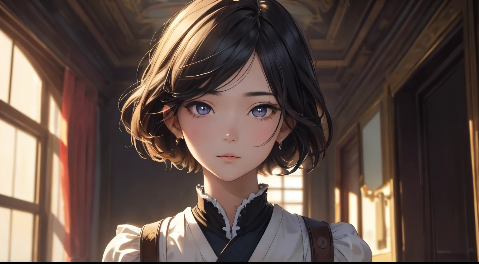 1girl in, (((shorth hair))), jugendstil,(masterpiece, top-quality, Near and far law, depth of fields:1.5), beautiful countenance, 8k, Raw foto, HDR, Photorealsitic, film grains, chromatic abberation, hight resolution, ultra-detailliert, finely detail, 动态照明, Dramatic lighting、shadowy、extremely detailed eye and face、Round pupils、Realistic pupils、clean back ground