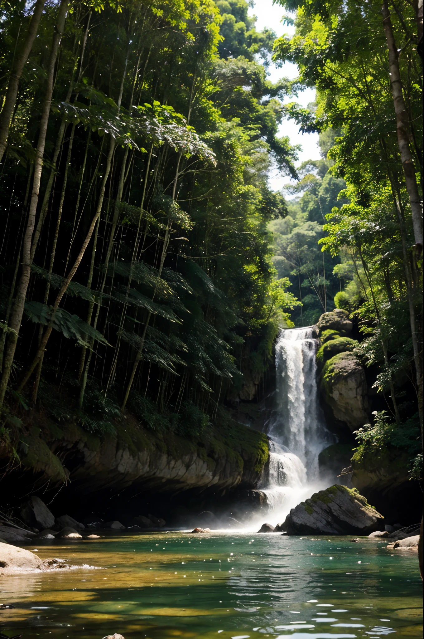 gere uma imagem de um paisagem verde com rios e montanhas