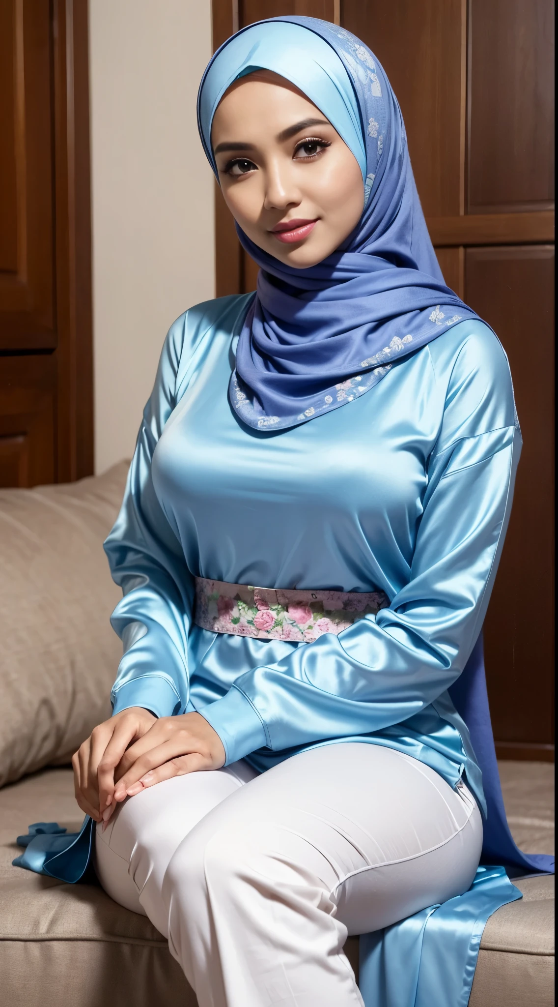 (Best quality, high resolution, masterpiece: 1.3), a beautiful malay woman in hijab, big breasts, slim figure, sweatshirt, beautifully presented details in the street and facial and skin texture, detailed eyes, double eyelids, big eyeschest visible, shirt openfeatures), HDR, 8k resolution, nice fingers, firm skin, (((high detail skin, visible pores))), 1 female, tall body, sitting on the bed, 30 years old, big breasts: 1.4, wearing Floral Silk Tight Malay Gamis Pastel Close Up Tight Hijab, Full Body, Beautiful Shy Smile