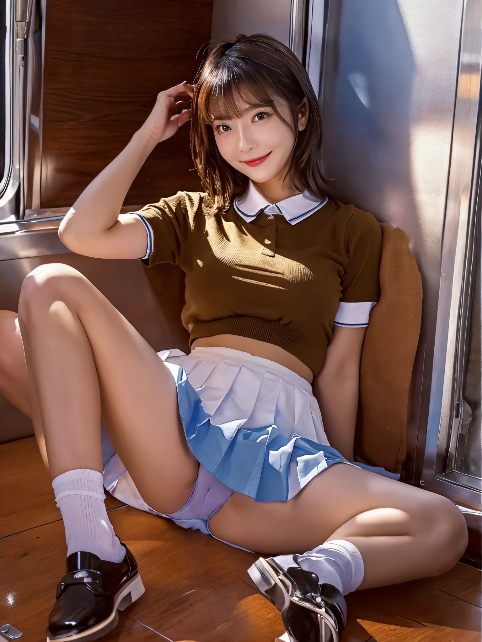 top-quality,ighly detailed,masterpiece,realisitic,写真realisitic,Bright lighting,1 girl in, Very beautiful KPOP idol, (kawaii:1.2),Faint smile, (Brown eyes),(Black hair ponytail),(bangss),perfect glossy skin,flawless skin,((Erotic,Sexy and sexually explicit)),((Precise hands without dissonance)), large full breasts,large and thin waist, Watch your audience,,((Short sleeve uniform white shirt)),(Blue Mini Pleated Skirt),(((skirt lift by yourself))),(lifted by self),(Show panties),she wears transparent panties with red lace.,Panties that dig into the crotch、panties focus,((sitted,Open legs wide)), socks knee socks),(Loafer shoes), Daytime,On the train,Long horizontal sheet with your back to the window, with big smiles on their faces