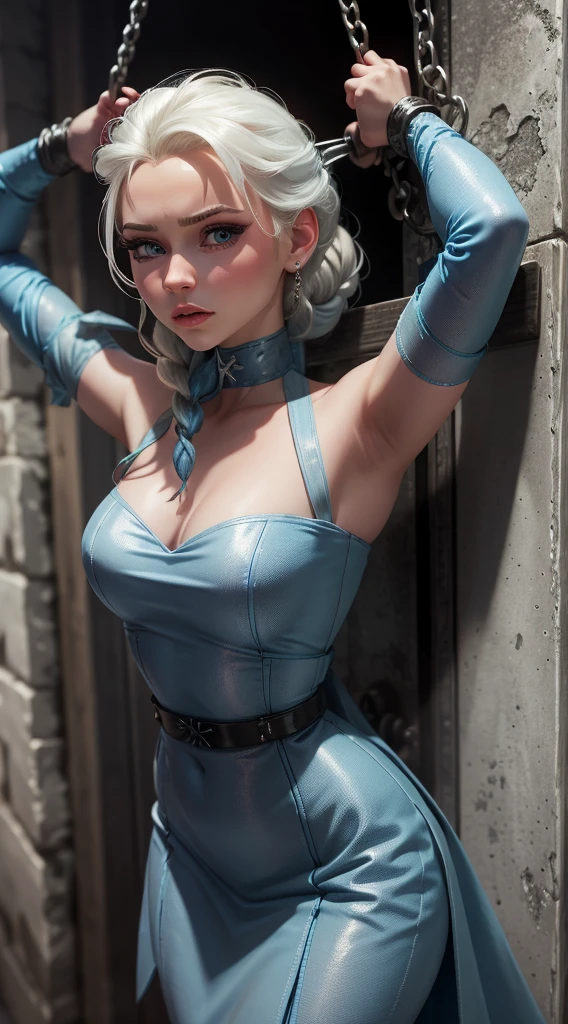 Elsa Frozen wear blue dress, tied up and restraint in prison, BDSM, bondage, ropes all over her body